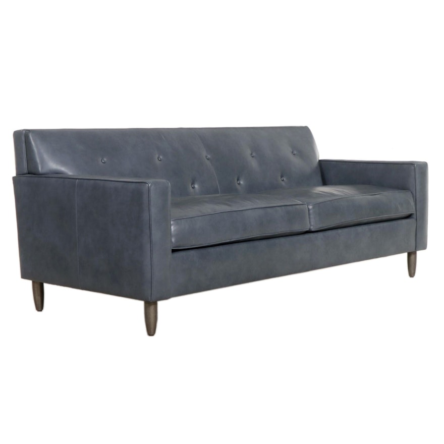Ethan Allen "Marcus" Blue Leather Upholstered Track-Arm Sofa