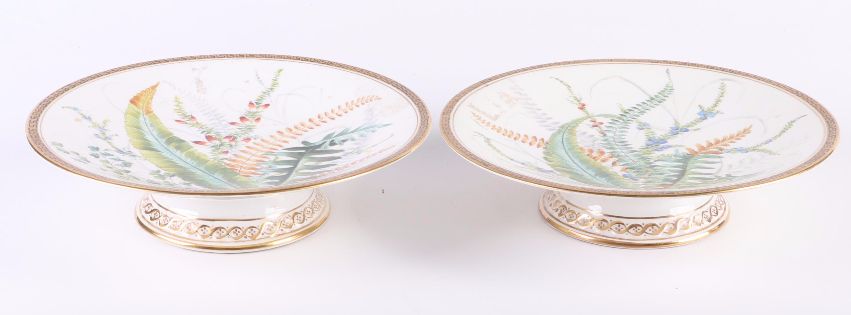 European Porcelain Hand-Painted Botanical Pattern Tazzas, 19th C.entury