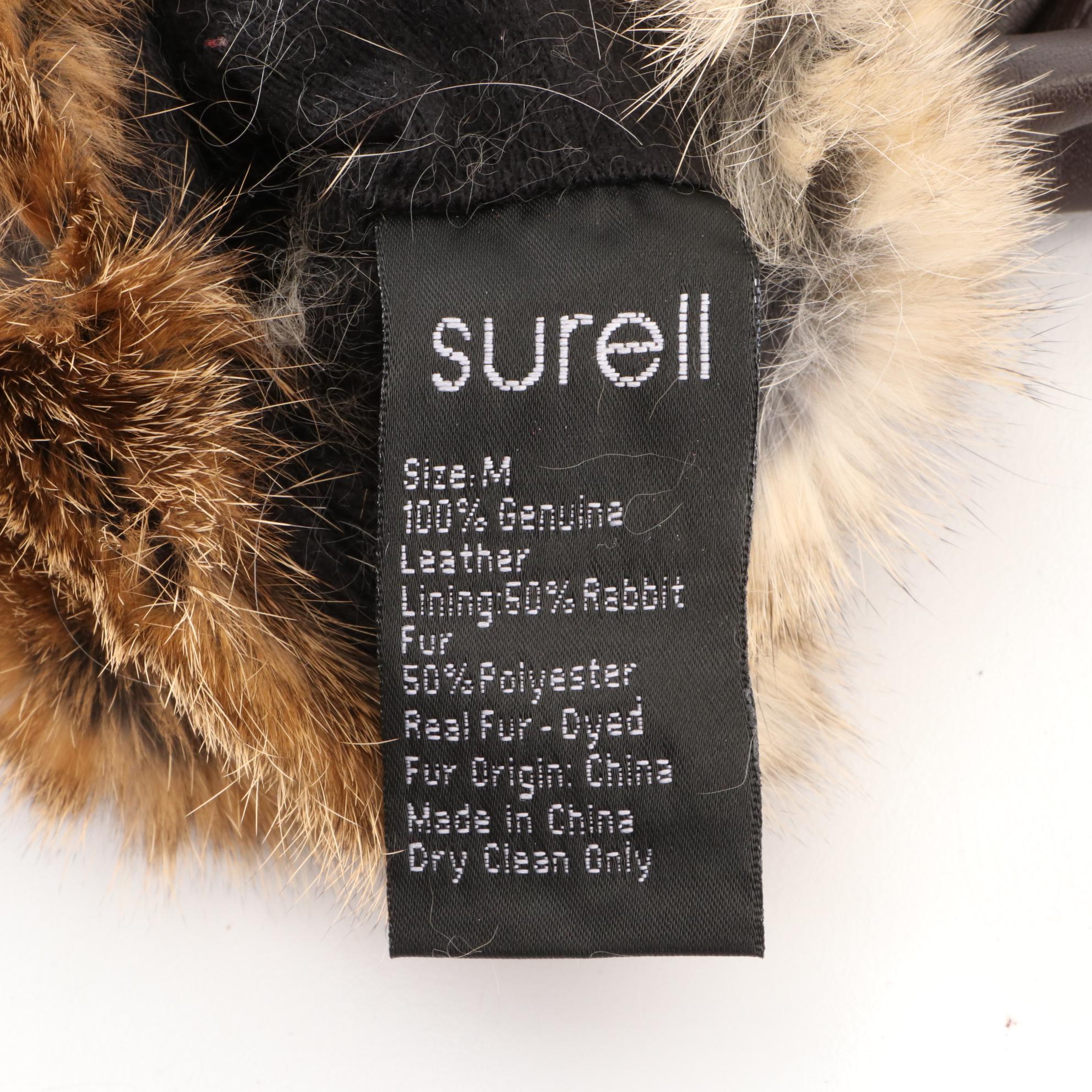 Aqua Stud Gloves in Black Leather & Surell Brown Leather Gloves with Rabbit Fur