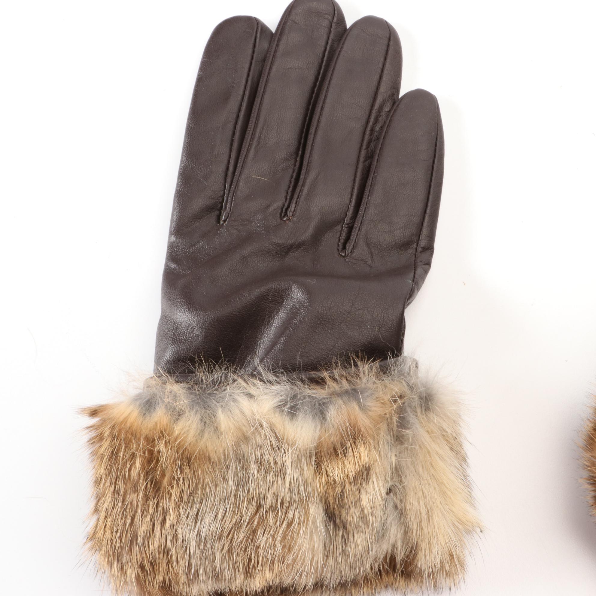 Aqua Stud Gloves in Black Leather & Surell Brown Leather Gloves with Rabbit Fur