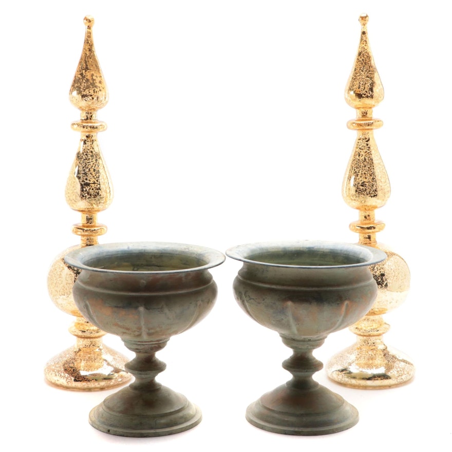 Indian Brass Pedestal Vases with Gilt Blown Glass Decorative Finials
