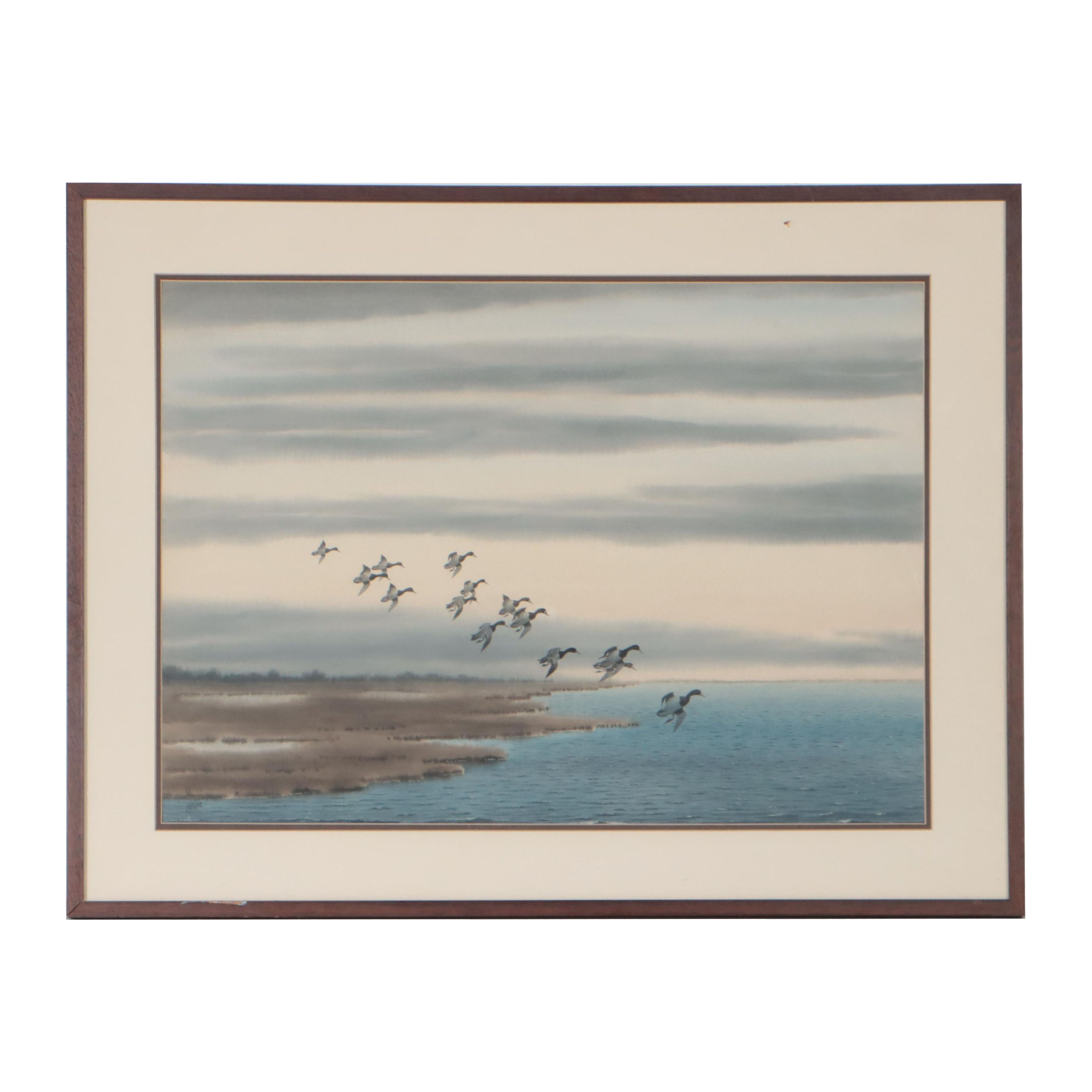 Joseph D. Knap Watercolor Painting of Landscape With Mallards