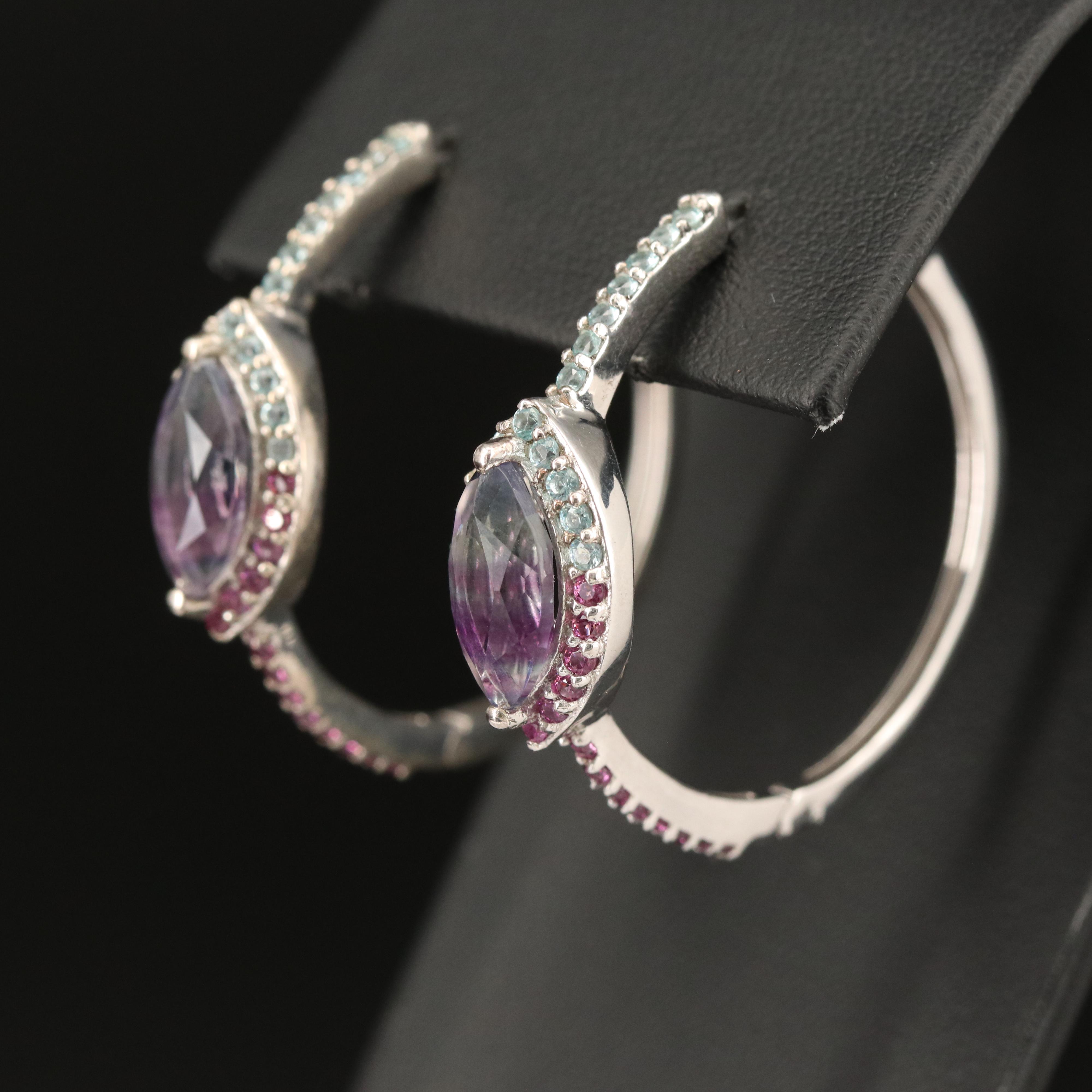 Sterling Fluorite, Rhodolite Garnet and Apatite Hoop Earrings
