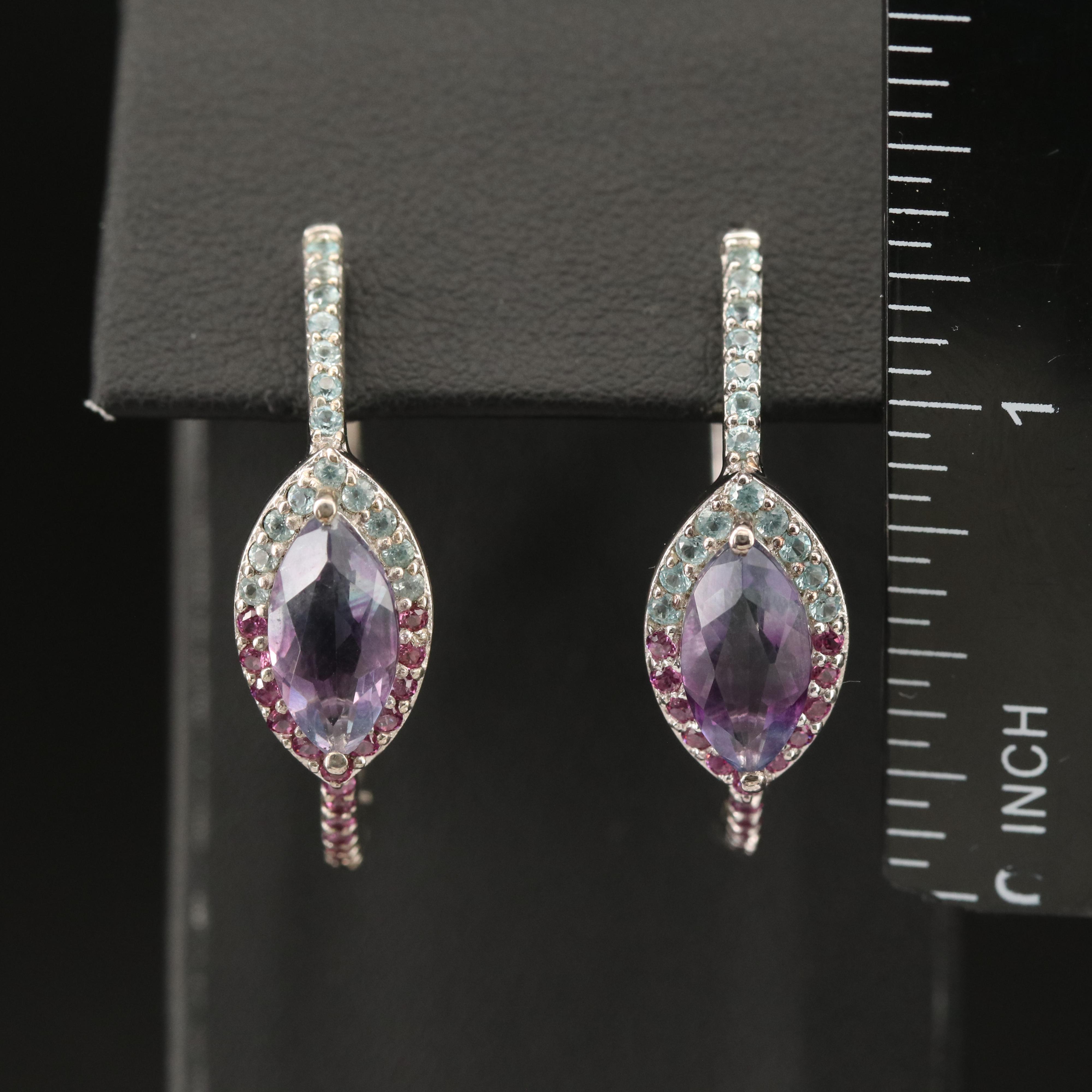 Sterling Fluorite, Rhodolite Garnet and Apatite Hoop Earrings