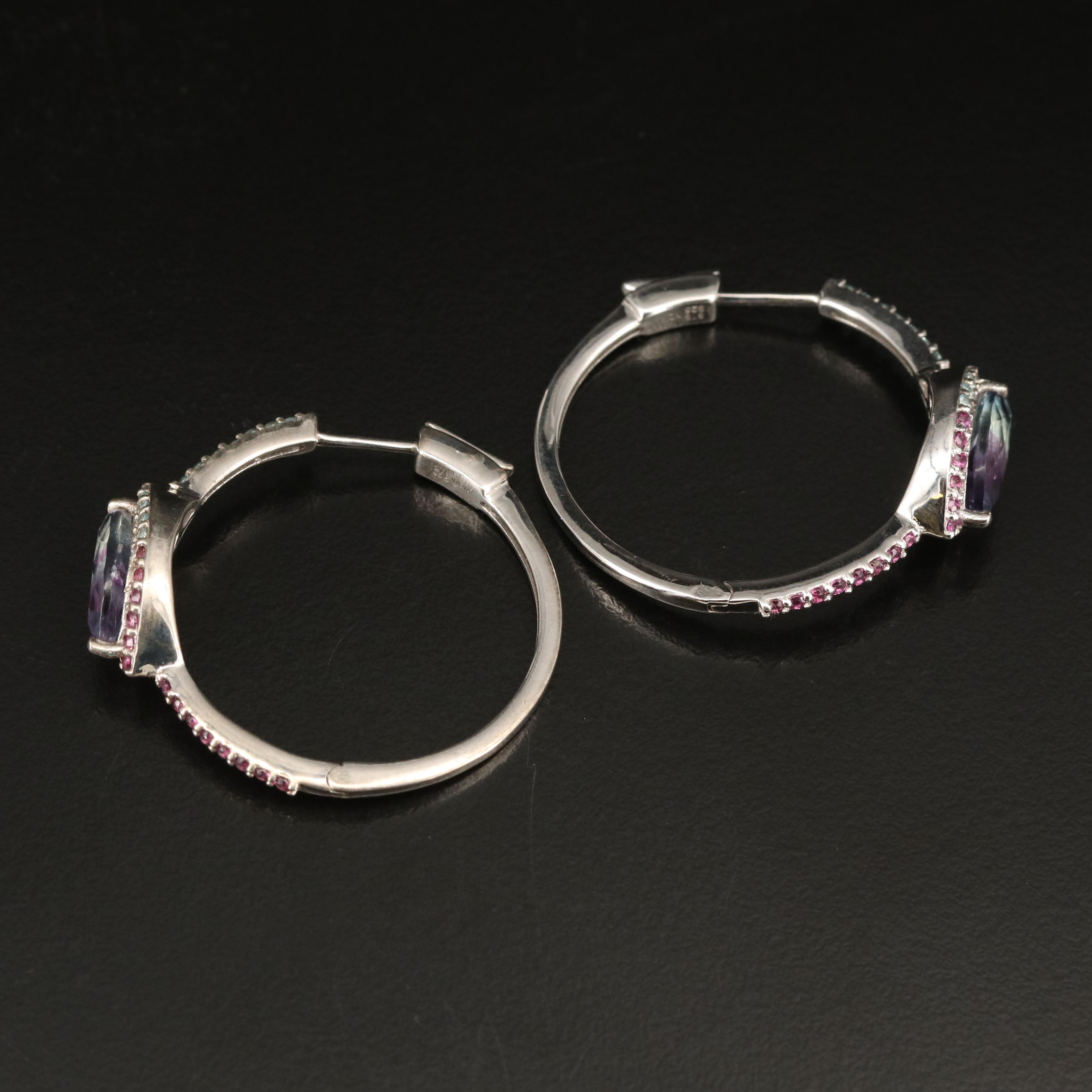 Sterling Fluorite, Rhodolite Garnet and Apatite Hoop Earrings
