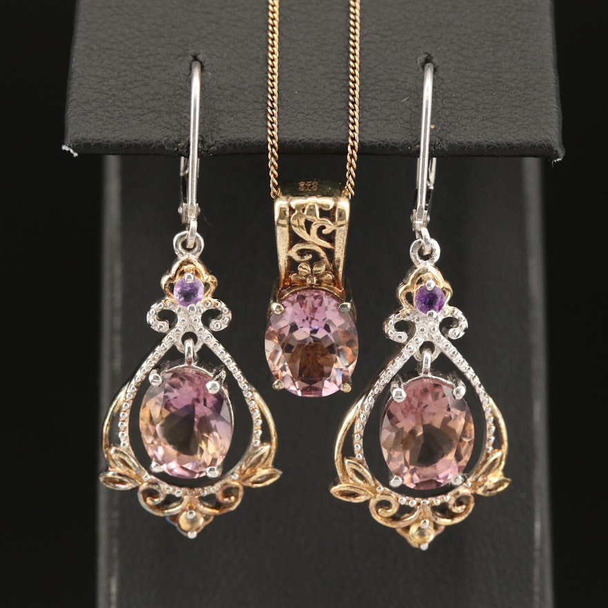 Sterling Ametrine, Amethyst and Citrine Pendant Necklace and Earrings