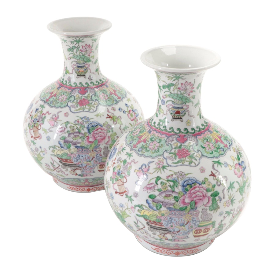 Pair of Chinese Famille Rose Enameled Porcelain Globular Vases