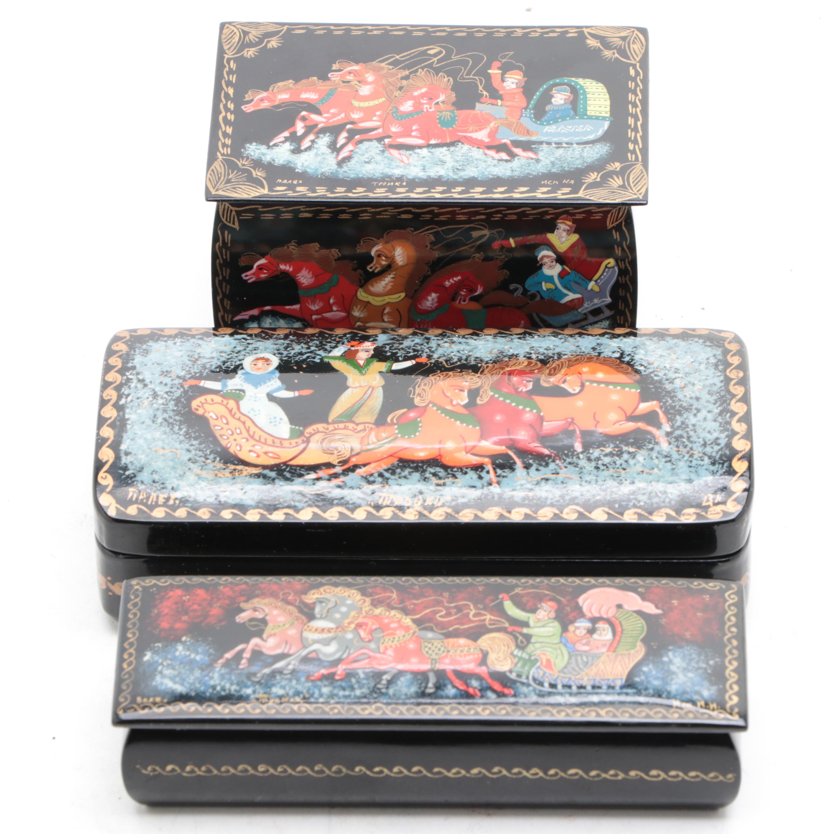 Russian Palekh Fairytale Troika Hand-Painted Lacquer Boxes