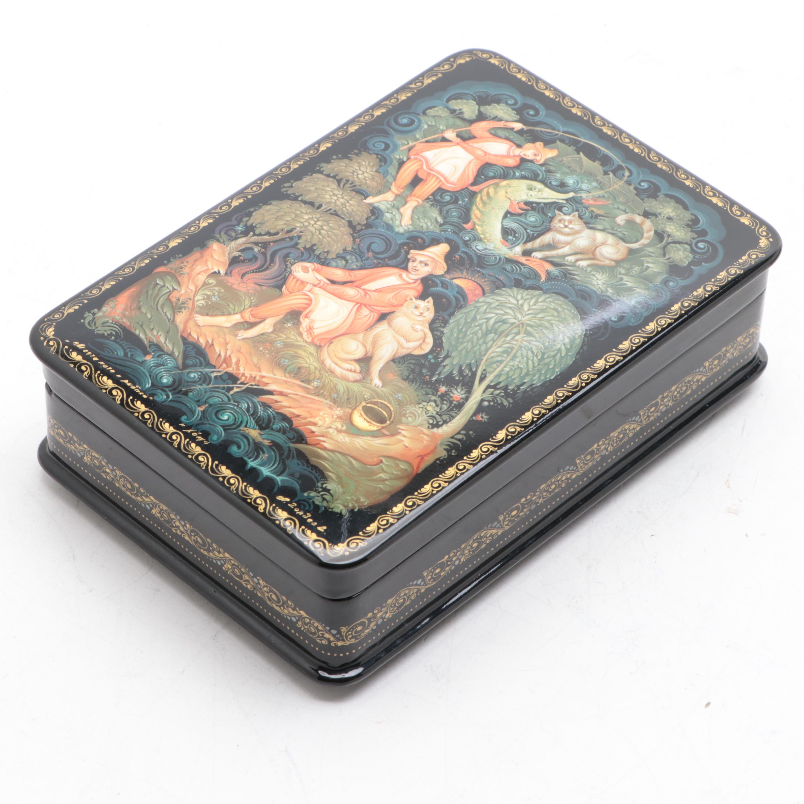 Palekh Hand-Painted Troika and Other Fairytale Lacquer Boxes with Necklace