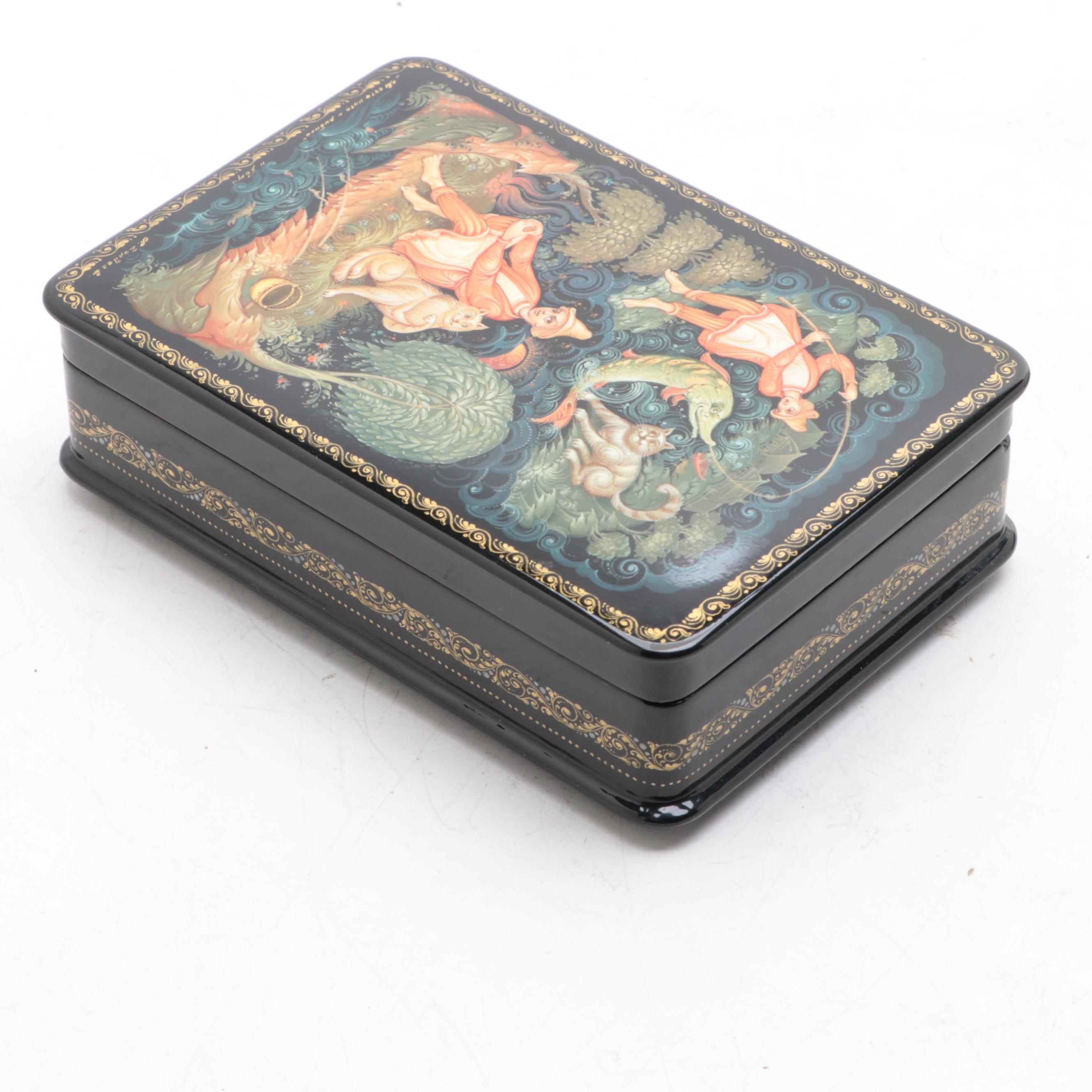 Palekh Hand-Painted Troika and Other Fairytale Lacquer Boxes with Necklace