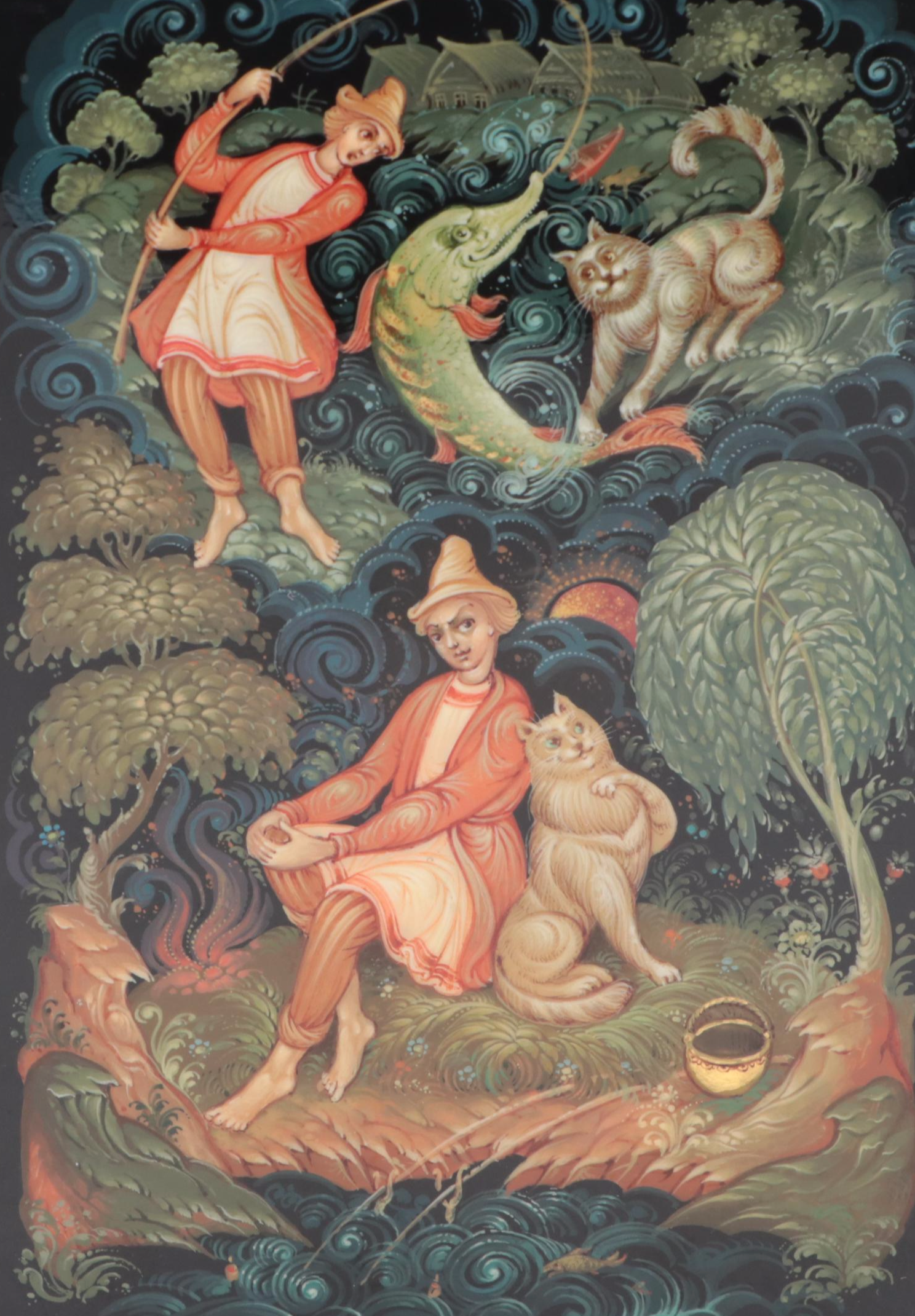 Palekh Hand-Painted Troika and Other Fairytale Lacquer Boxes with Necklace