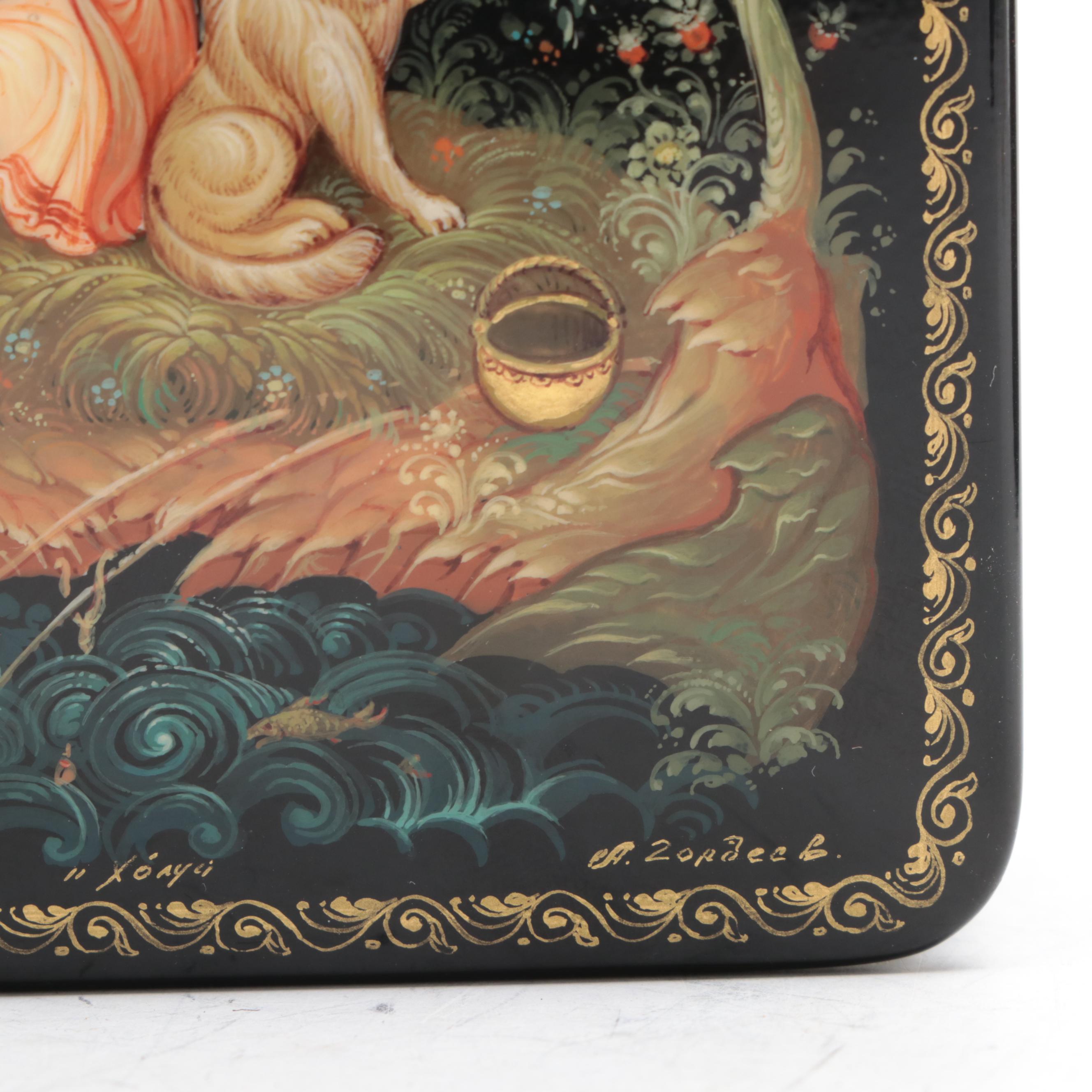 Palekh Hand-Painted Troika and Other Fairytale Lacquer Boxes with Necklace