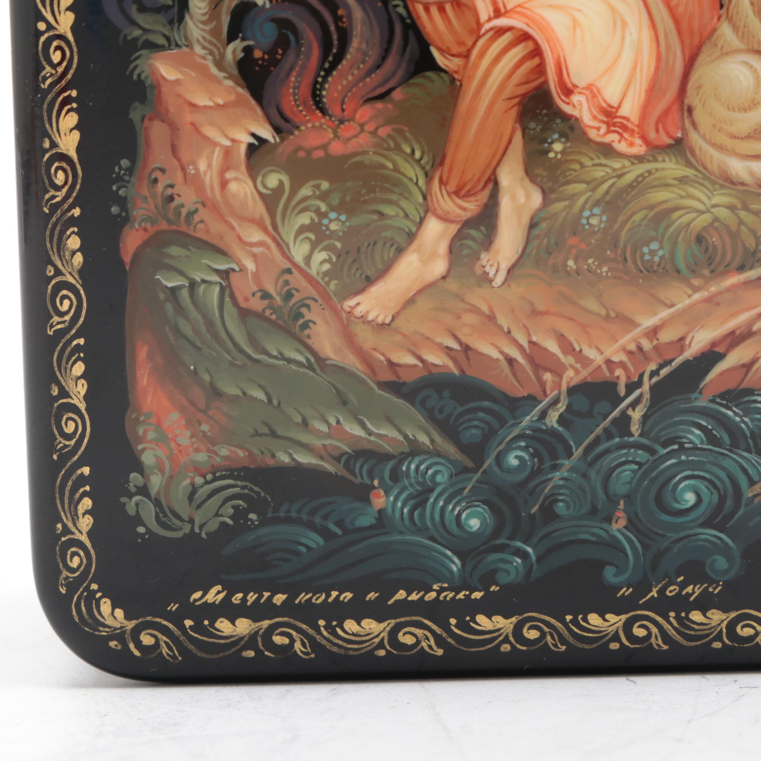 Palekh Hand-Painted Troika and Other Fairytale Lacquer Boxes with Necklace