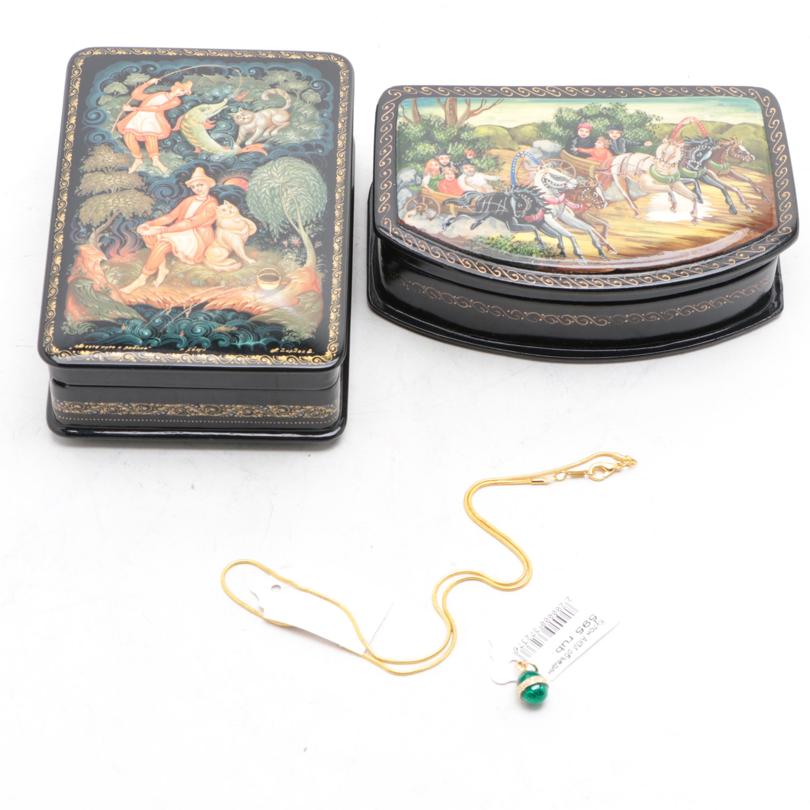 Palekh Hand-Painted Troika and Other Fairytale Lacquer Boxes with Necklace