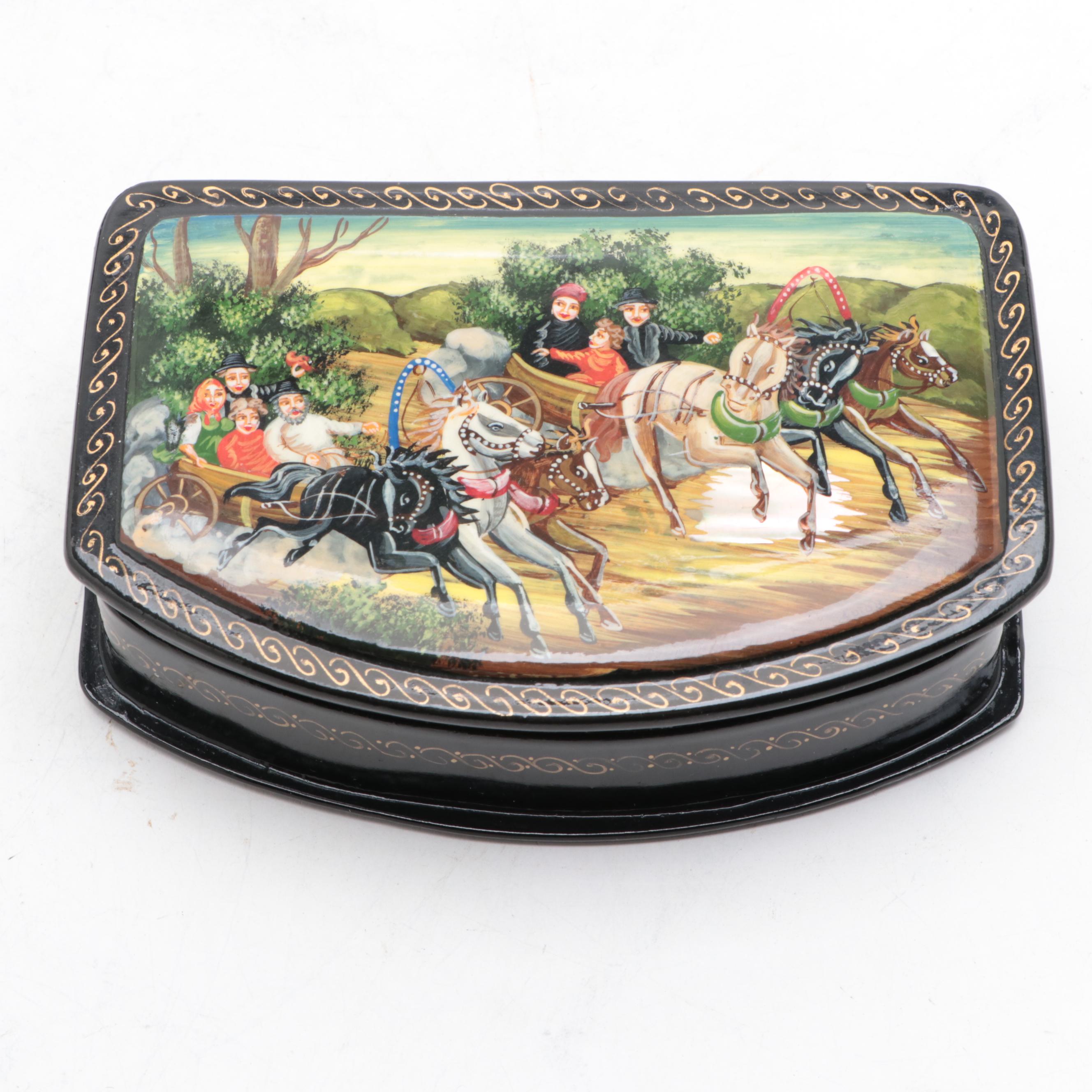 Palekh Hand-Painted Troika and Other Fairytale Lacquer Boxes with Necklace