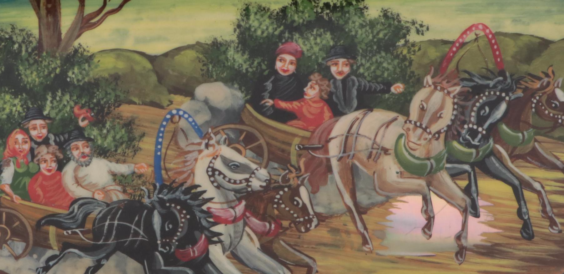 Palekh Hand-Painted Troika and Other Fairytale Lacquer Boxes with Necklace