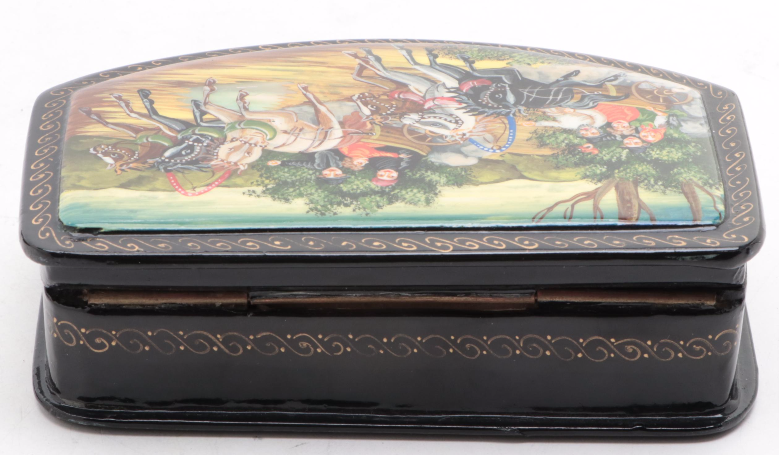 Palekh Hand-Painted Troika and Other Fairytale Lacquer Boxes with Necklace