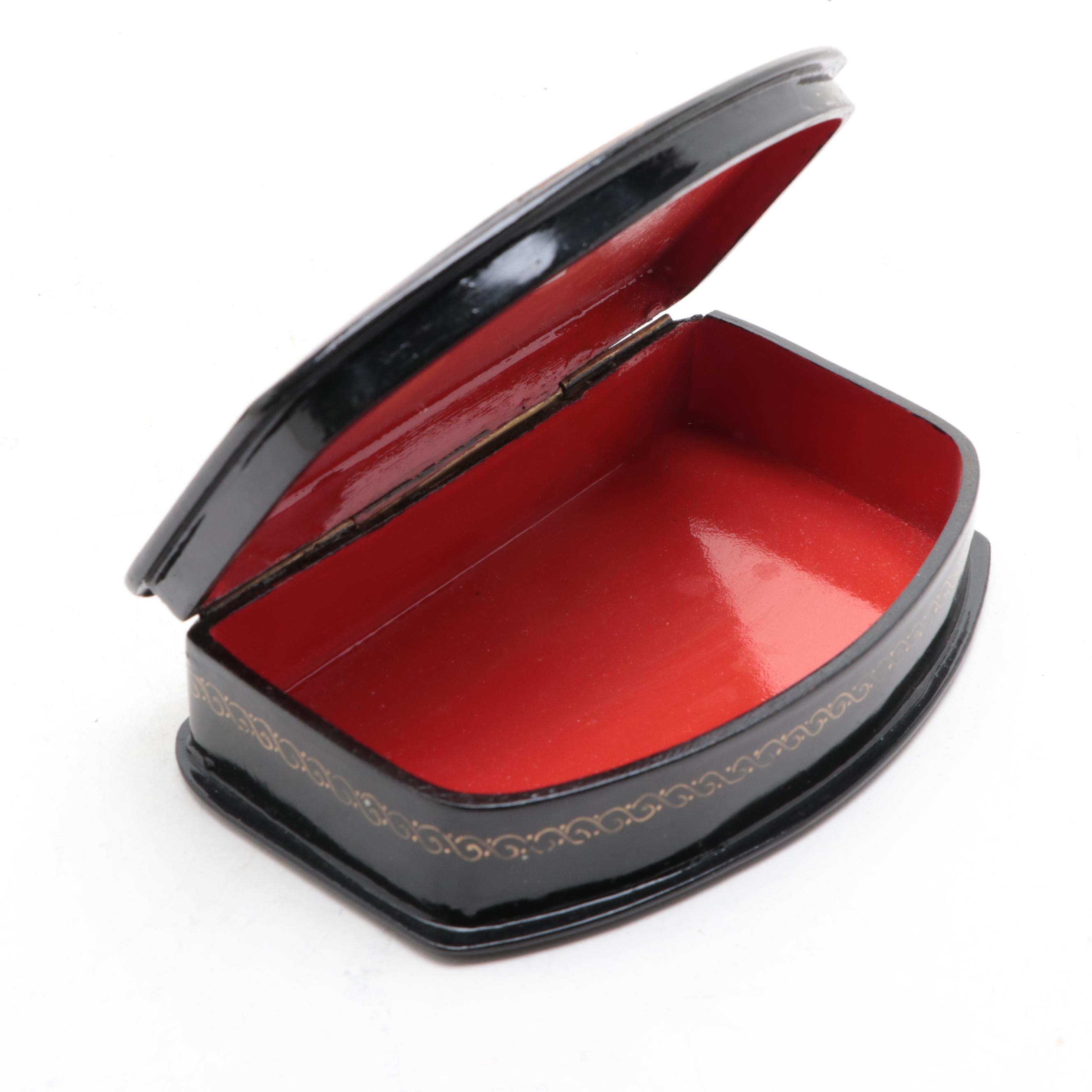 Palekh Hand-Painted Troika and Other Fairytale Lacquer Boxes with Necklace