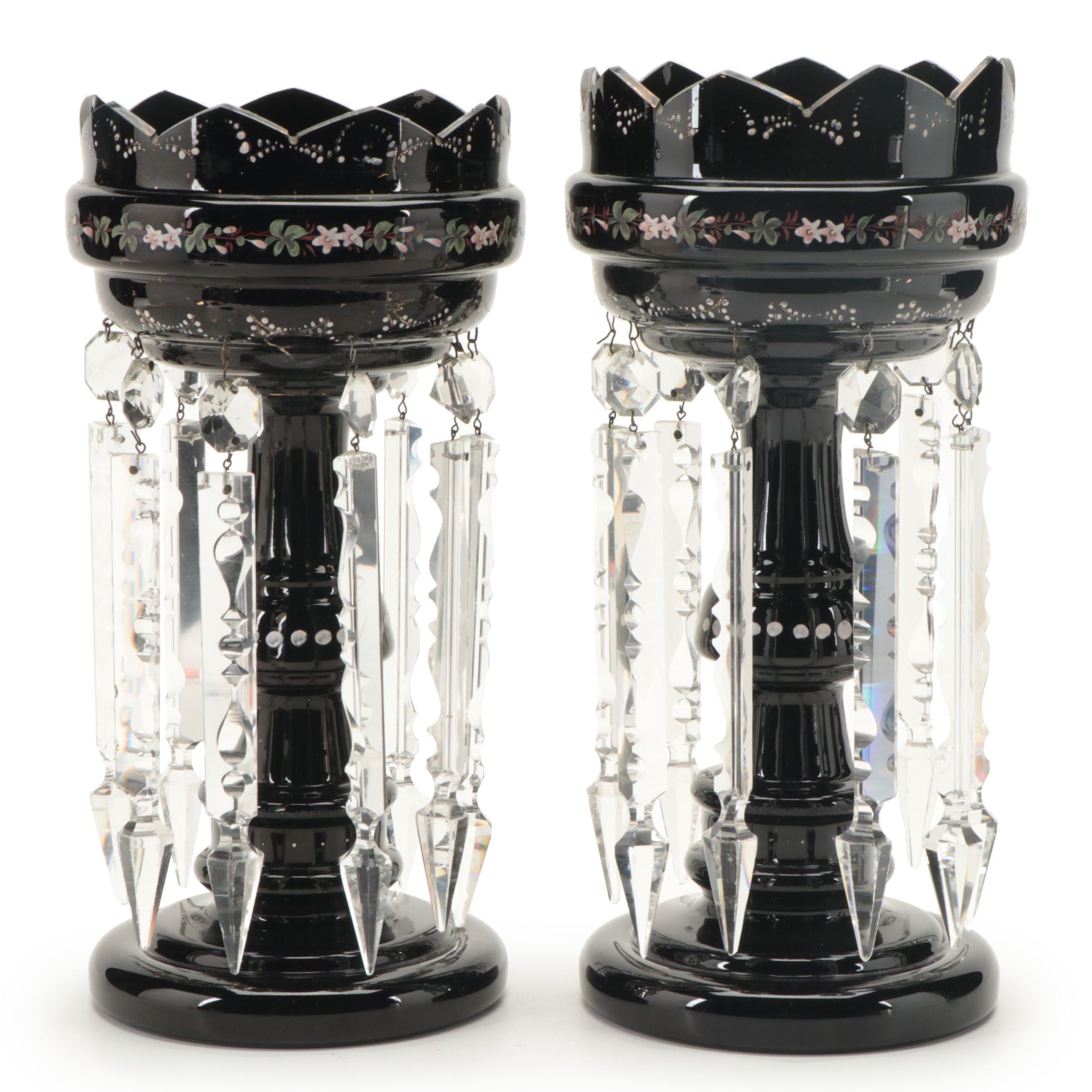 Pair of Bohemian Style Hand Enameled Amethyst Glass Mantle Lusters