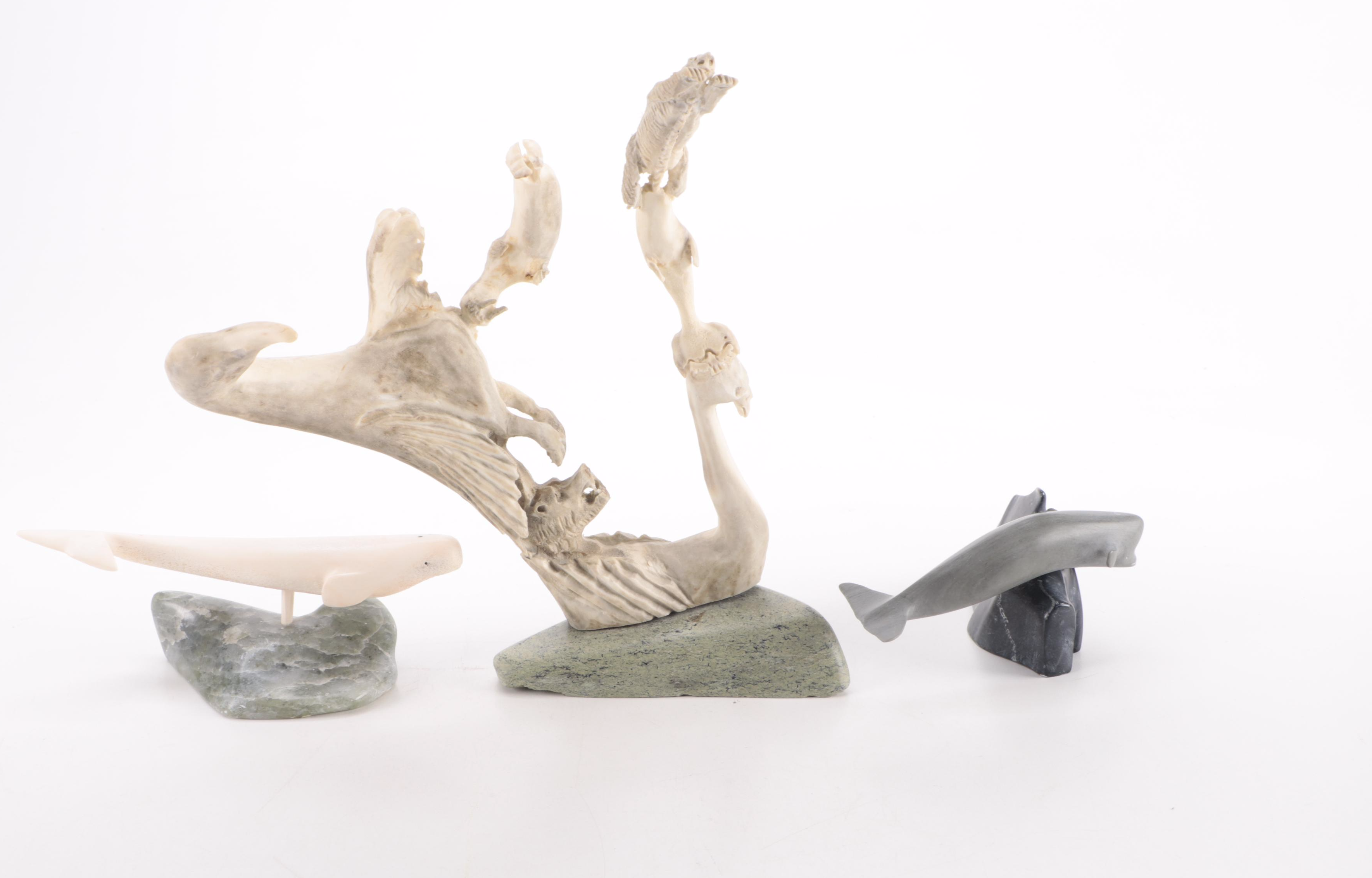 Inuit Artist Signed Whale Bone, Antler and Stone Carvings