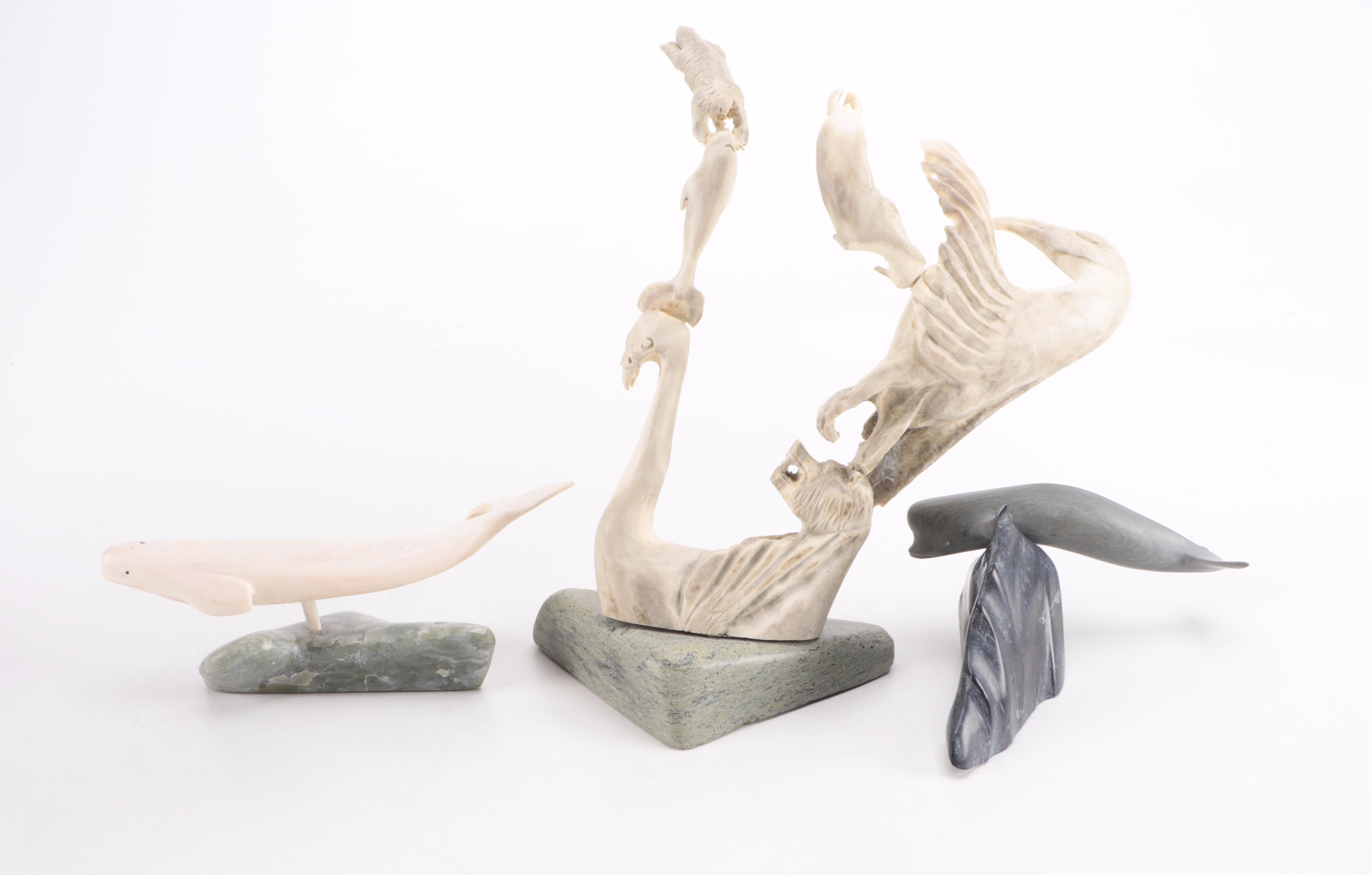 Inuit Artist Signed Whale Bone, Antler and Stone Carvings