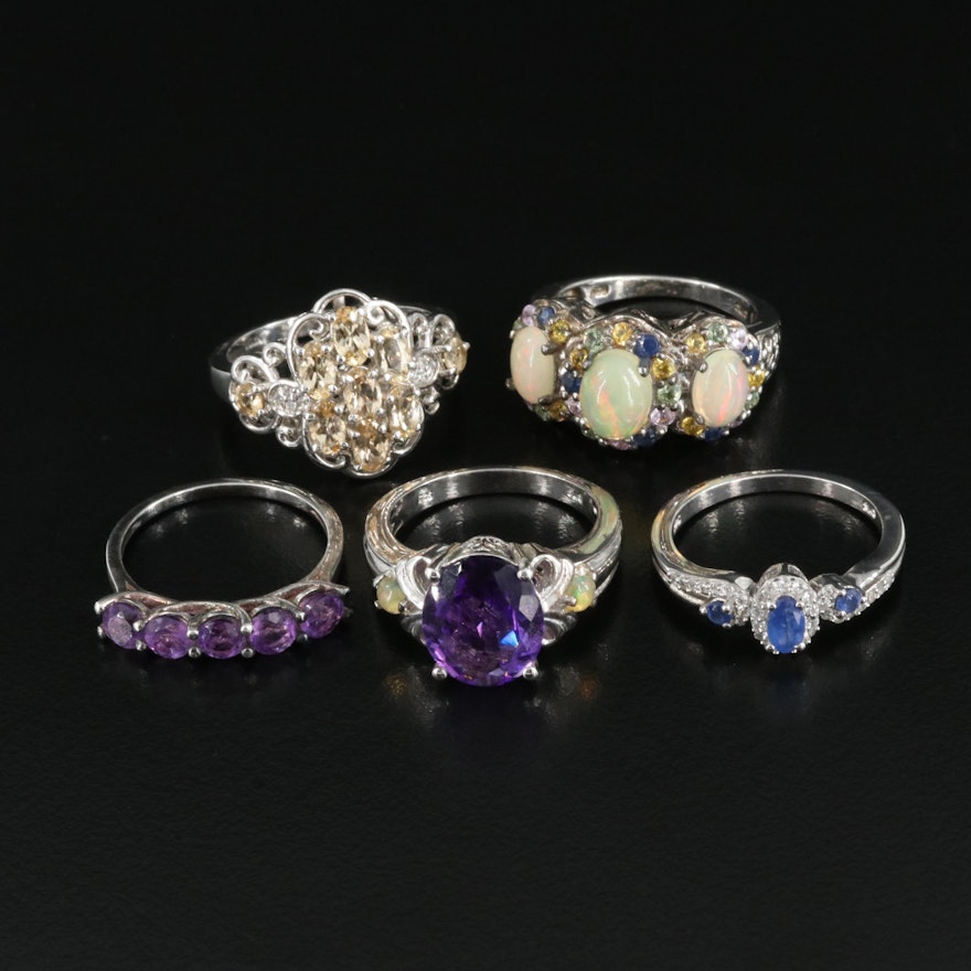 Sterling Rings Including Opal, Amethyst and Sapphire