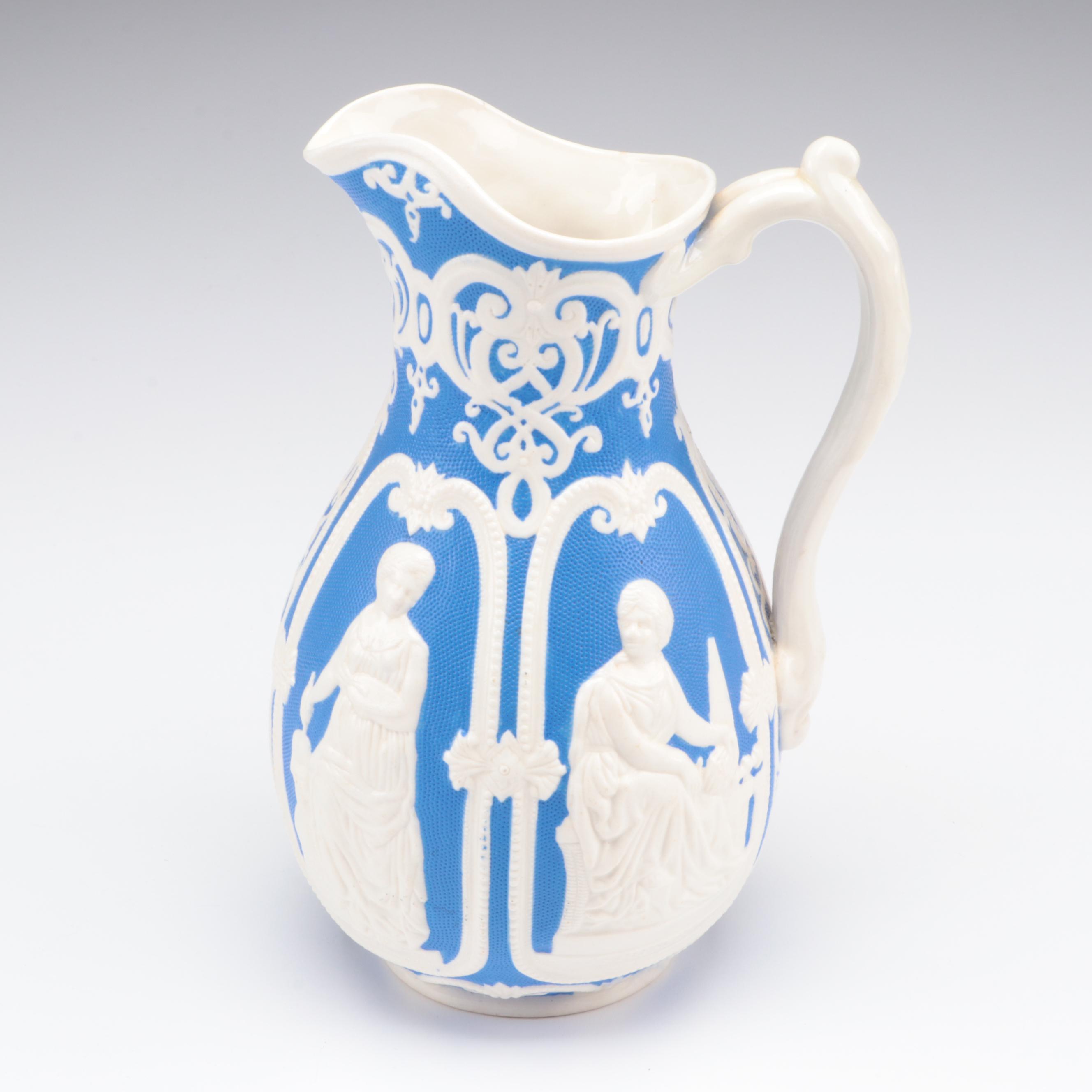 English Blue Ground Parian International Exhibition of 1862 Pitcher and Vase