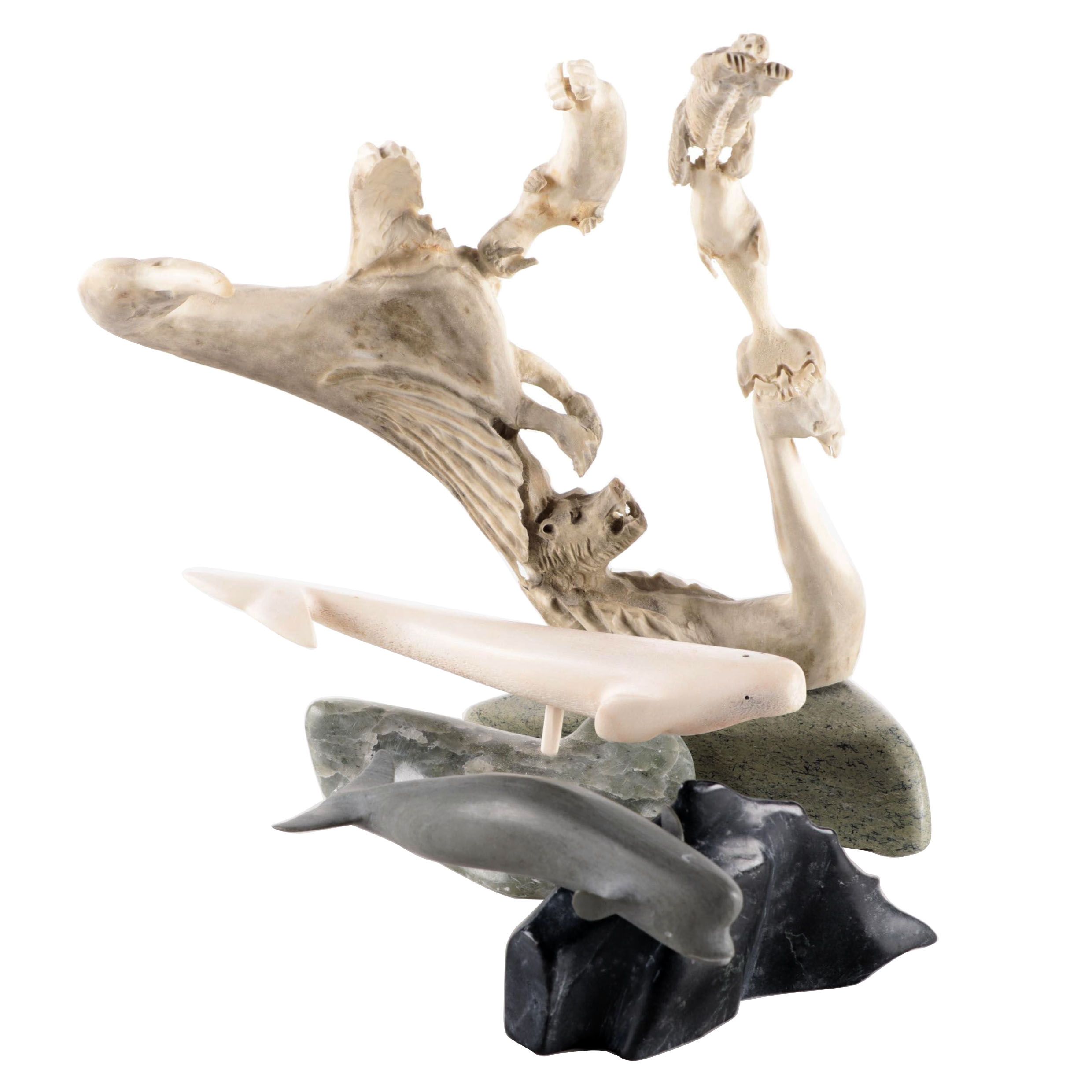 Inuit Artist Signed Whale Bone, Antler and Stone Carvings