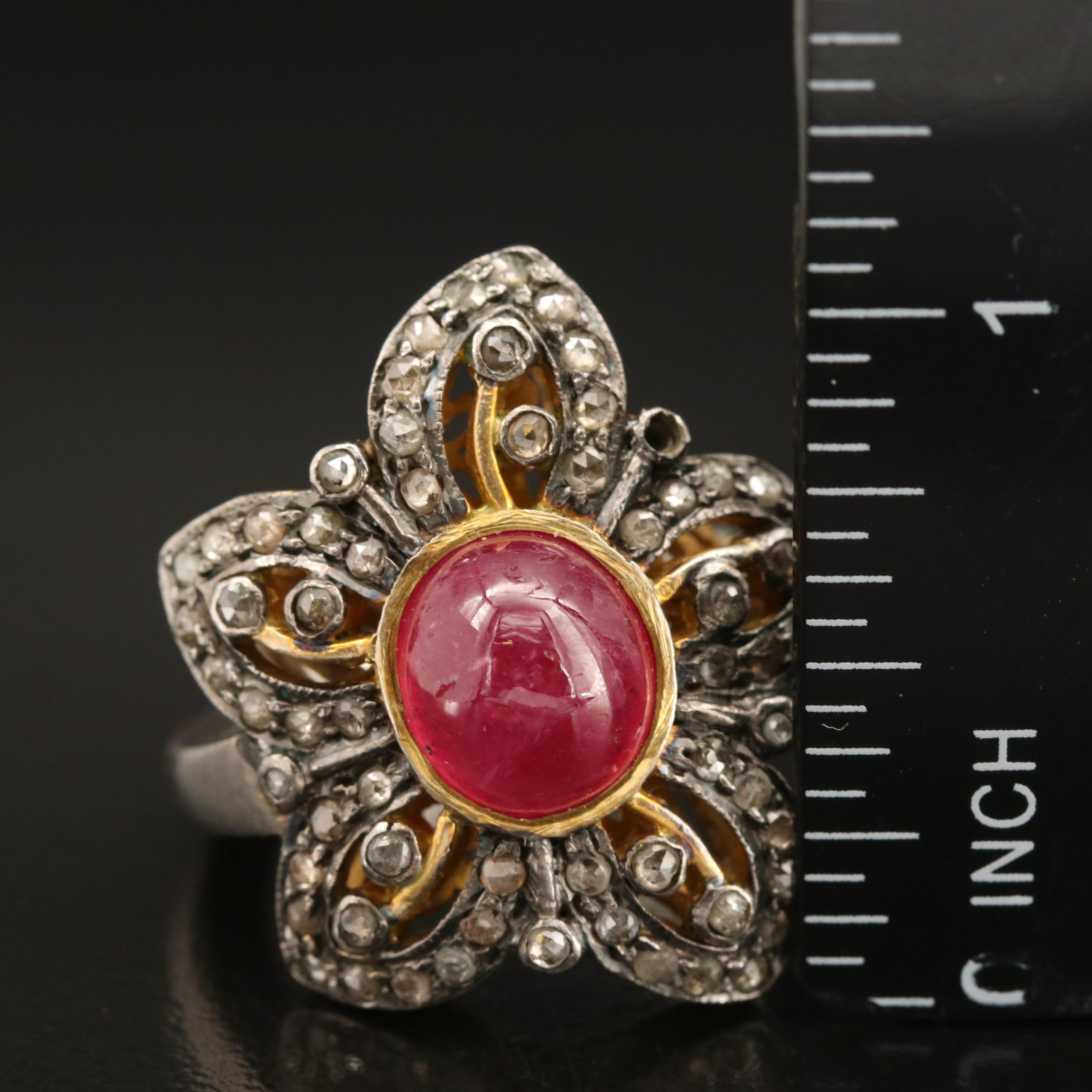Sterling Corundum and Diamond Flower Ring