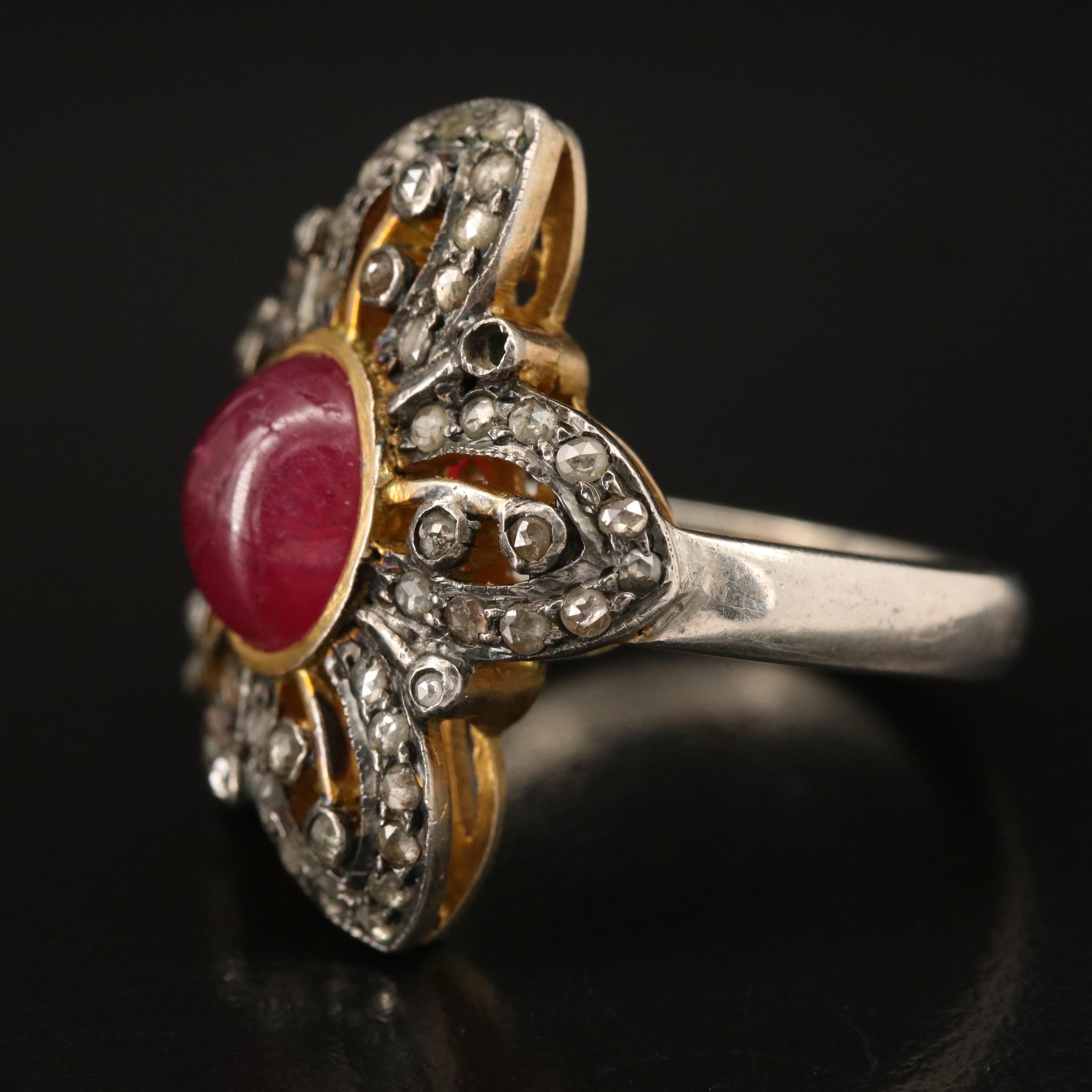 Sterling Corundum and Diamond Flower Ring