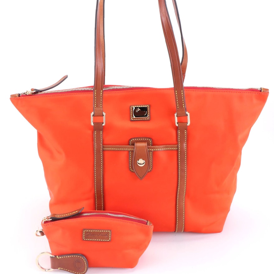 Dooney & Bourke Large Zipper Tote in Persimmon Nylon Canvas and Leather