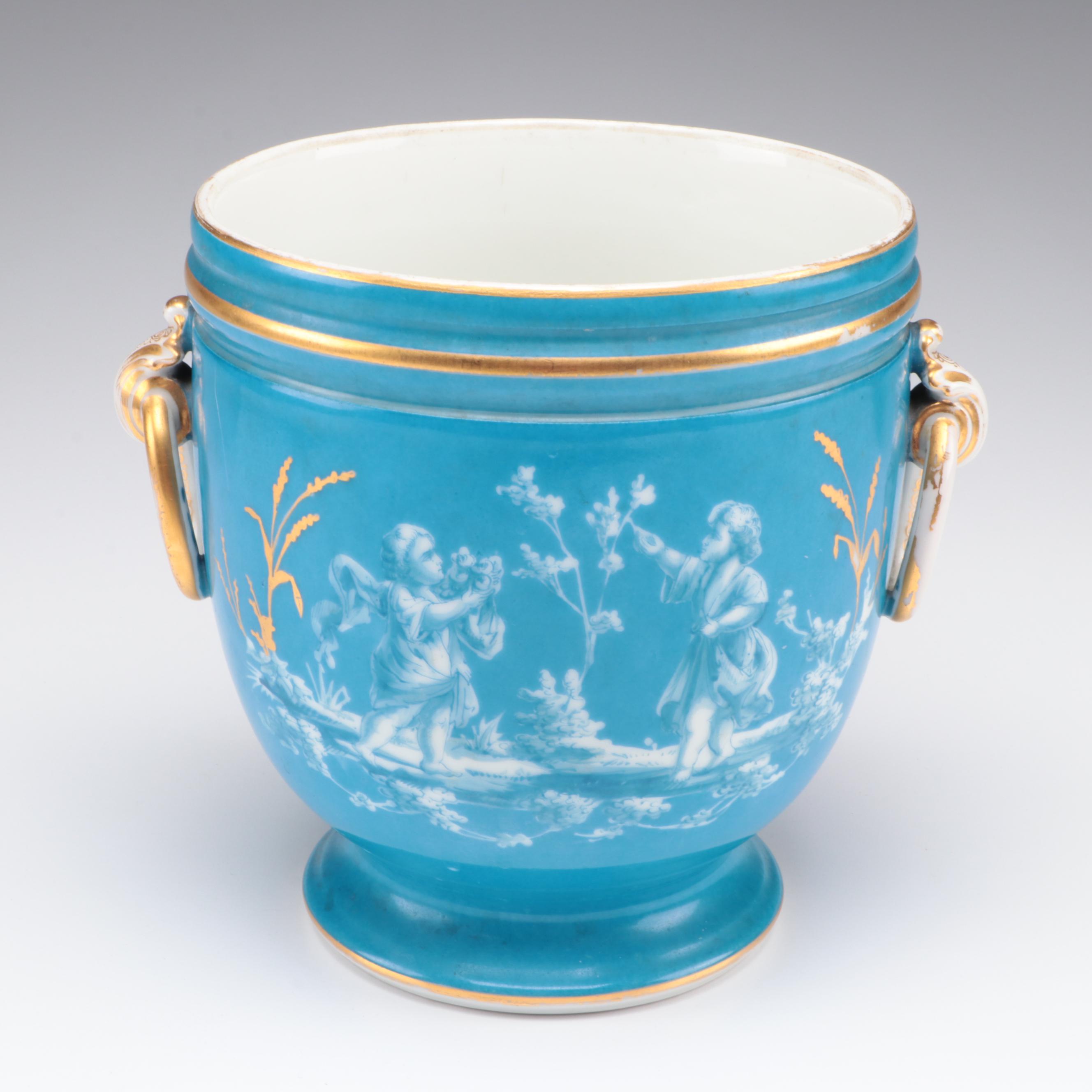 Old Paris Porcelain Bleu Céleste Cachepot with Bisque Grape Harvester Figurines