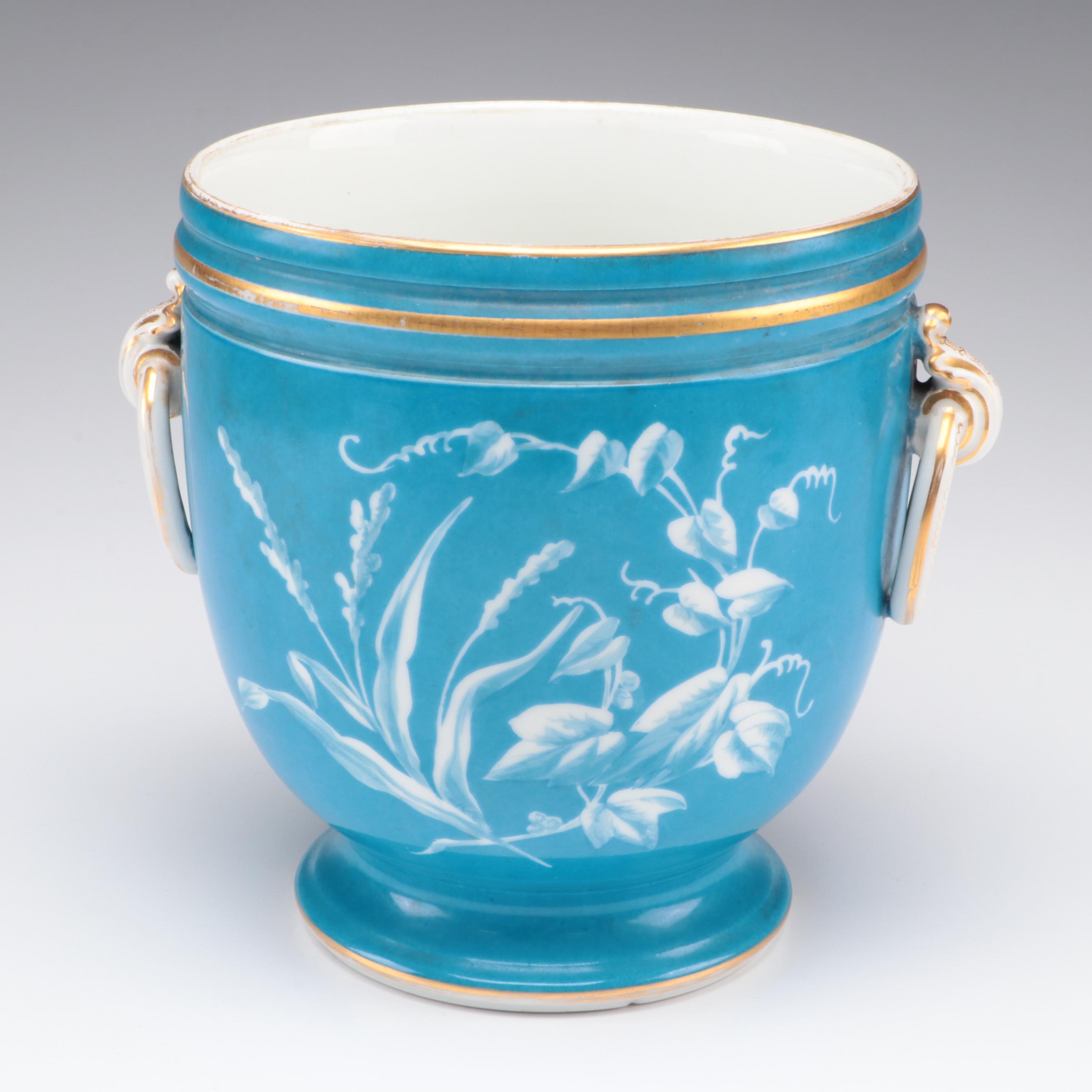 Old Paris Porcelain Bleu Céleste Cachepot with Bisque Grape Harvester Figurines