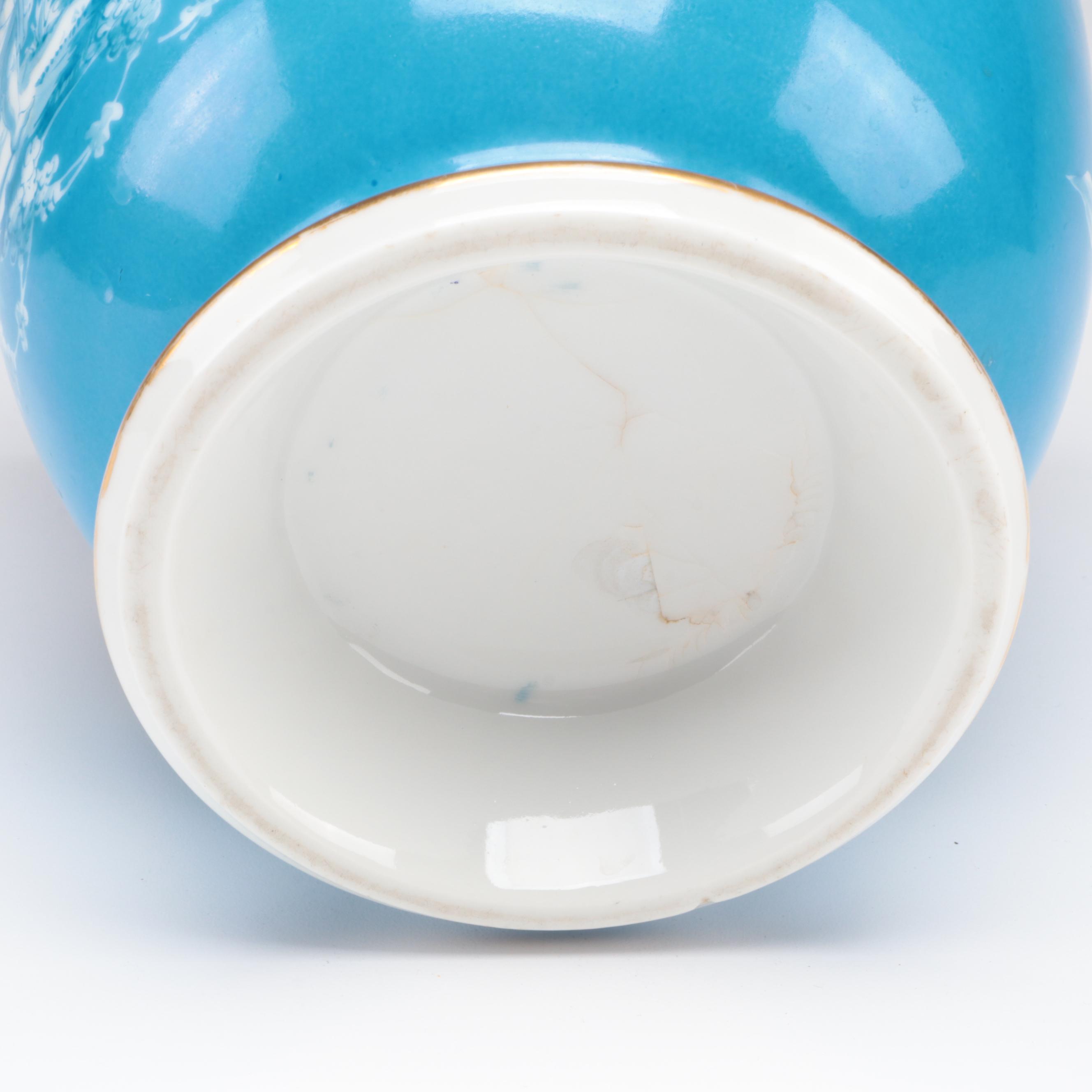 Old Paris Porcelain Bleu Céleste Cachepot with Bisque Grape Harvester Figurines