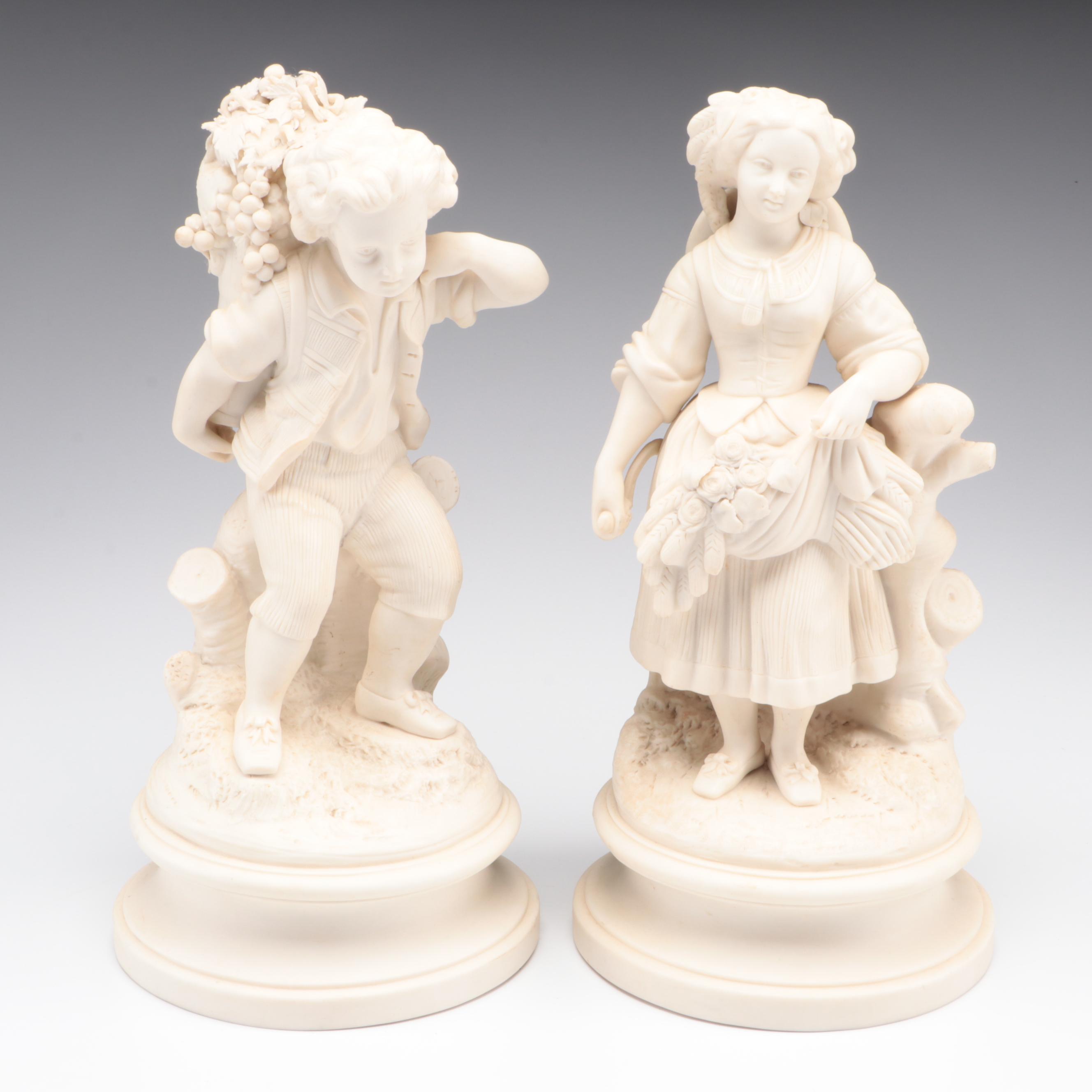 Old Paris Porcelain Bleu Céleste Cachepot with Bisque Grape Harvester Figurines