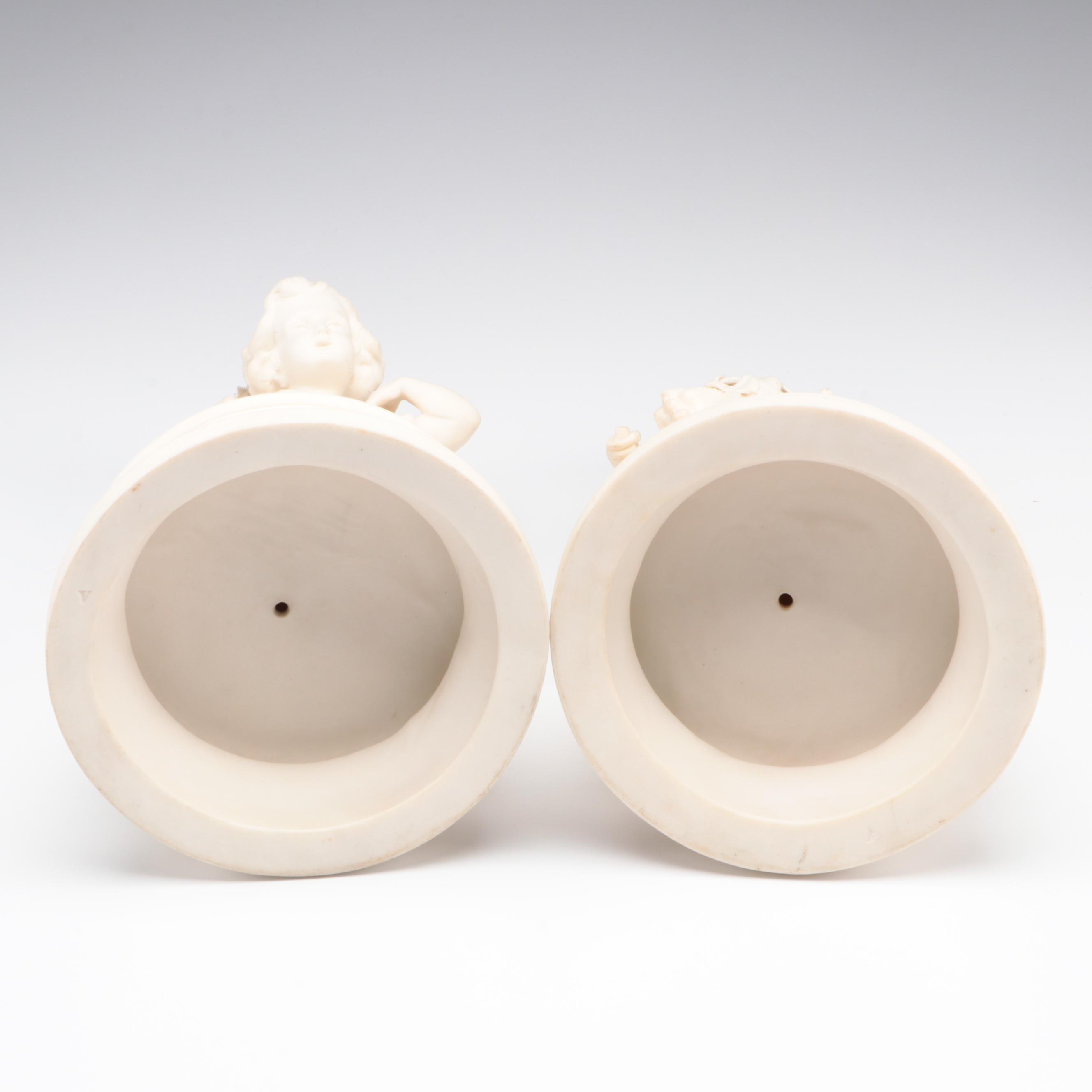 Old Paris Porcelain Bleu Céleste Cachepot with Bisque Grape Harvester Figurines