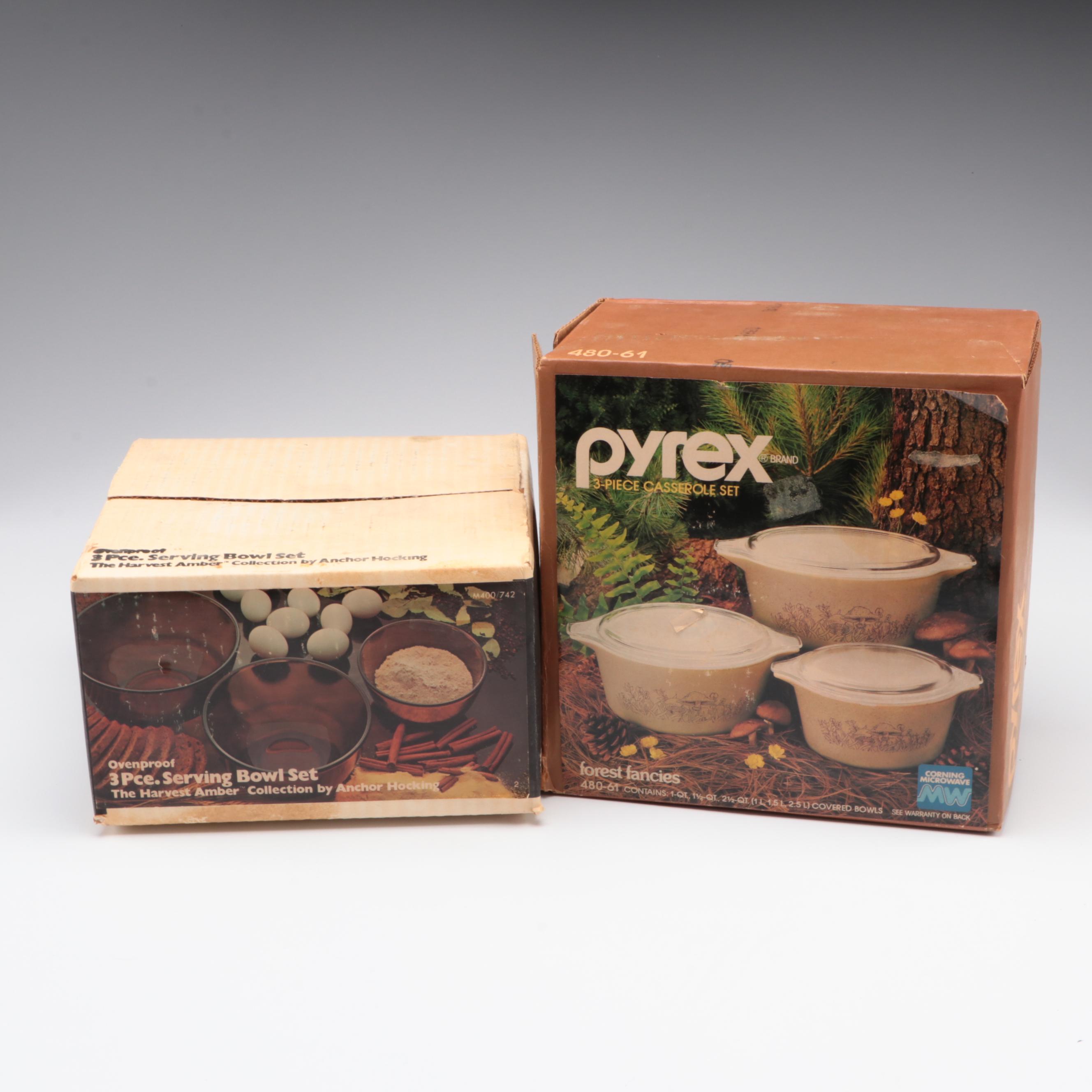 Pyrex "Forest Fancies" Casserole Set with Anchor Hocking "Harvest Amber" Bowls