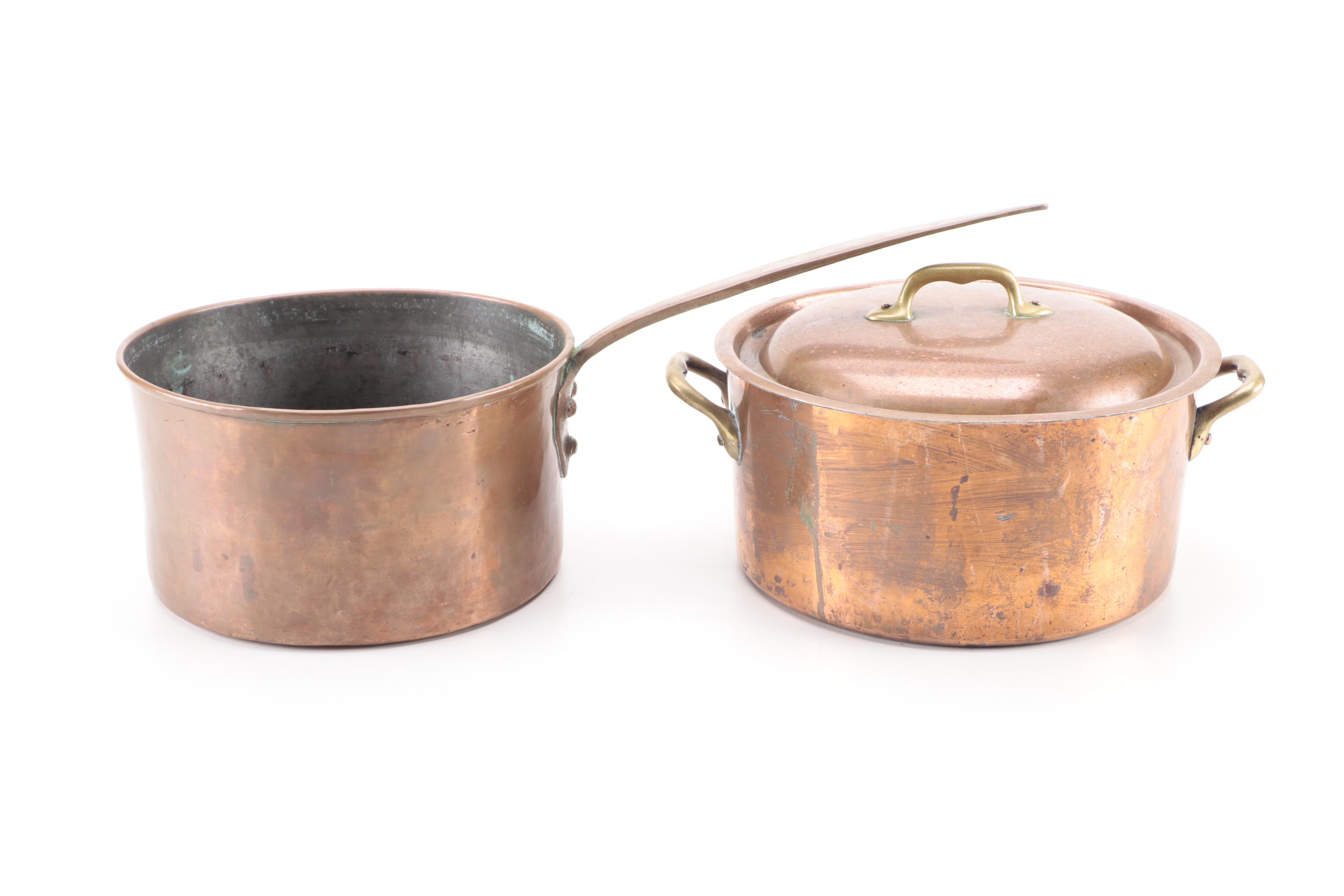 Bazar Français Brass Handled Copper Pot with Other Dovetailed Copper Sauce Pan