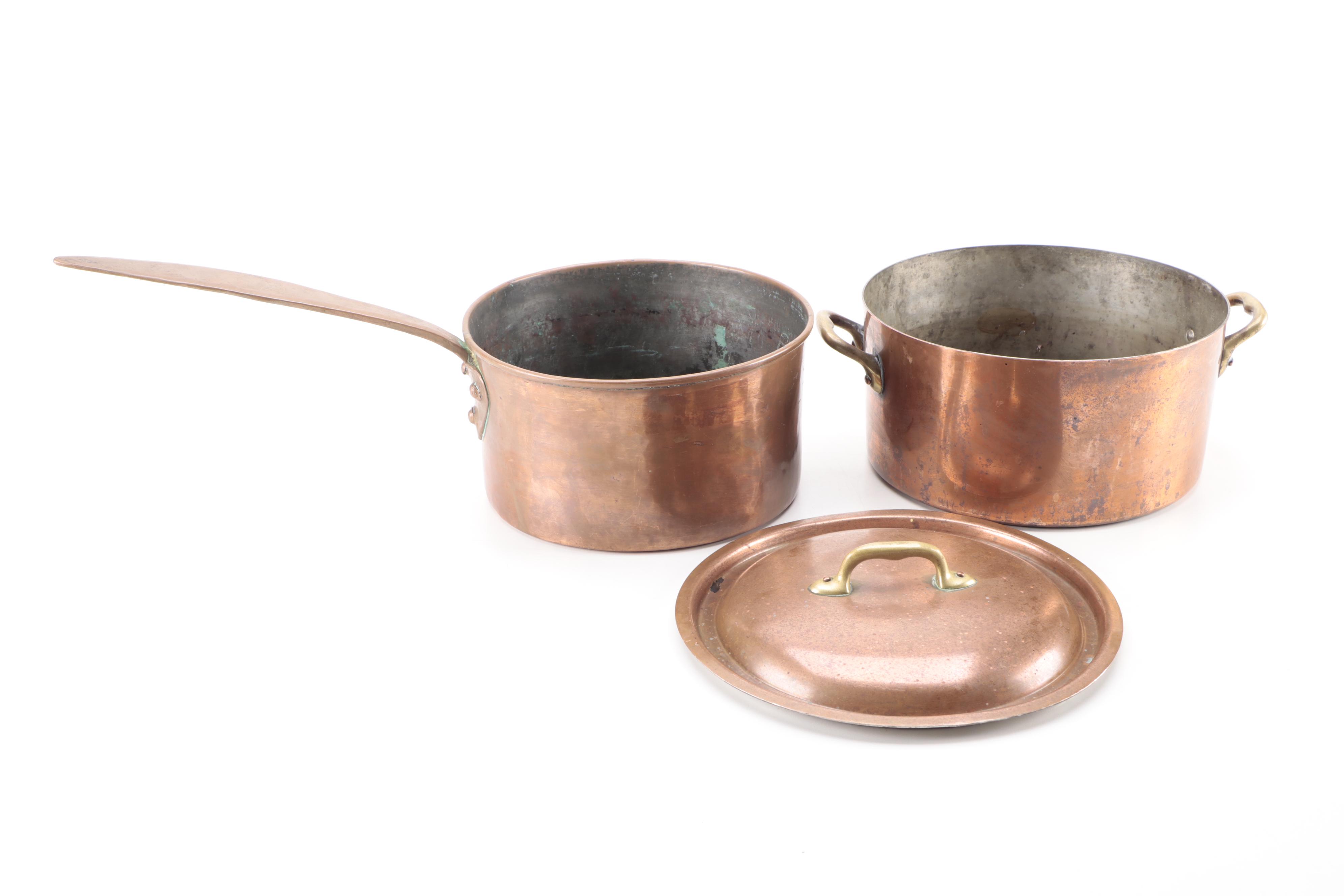 Bazar Français Brass Handled Copper Pot with Other Dovetailed Copper Sauce Pan