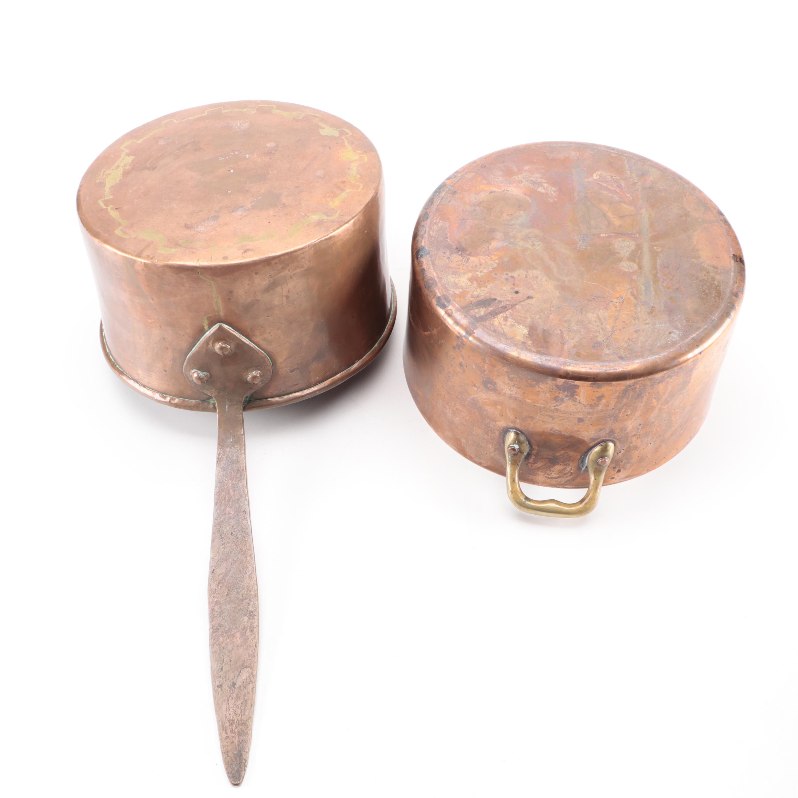 Bazar Français Brass Handled Copper Pot with Other Dovetailed Copper Sauce Pan