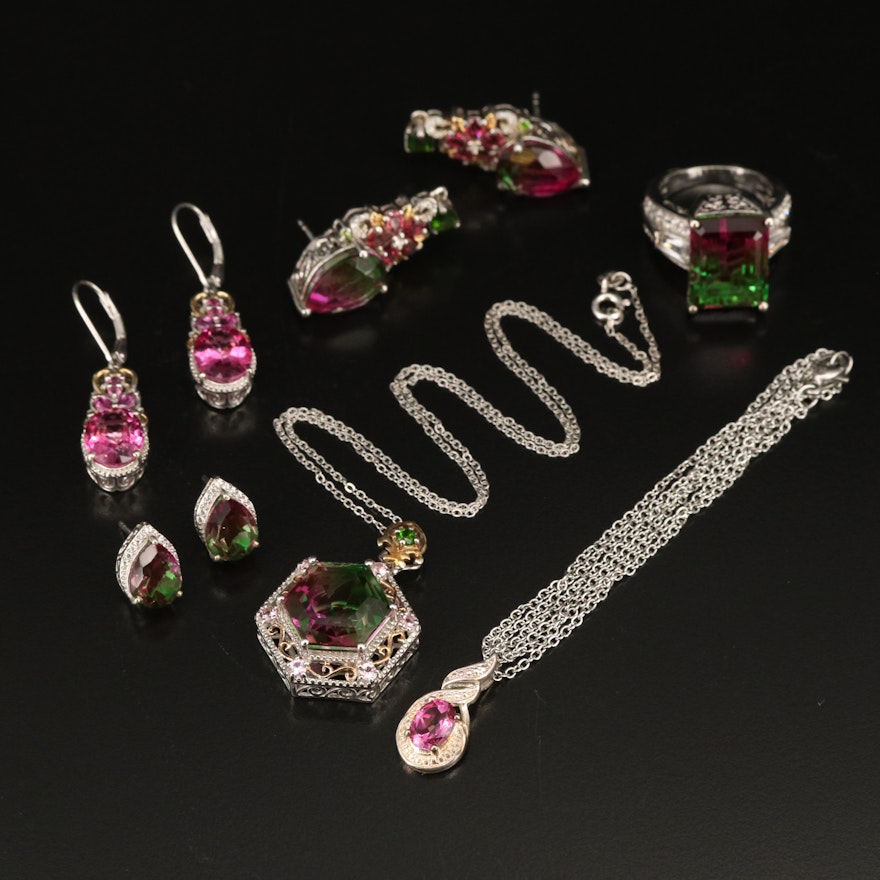 Sterling and Stainless Steel Quartz, Topaz and Pink Sapphire Jewelry Grouping