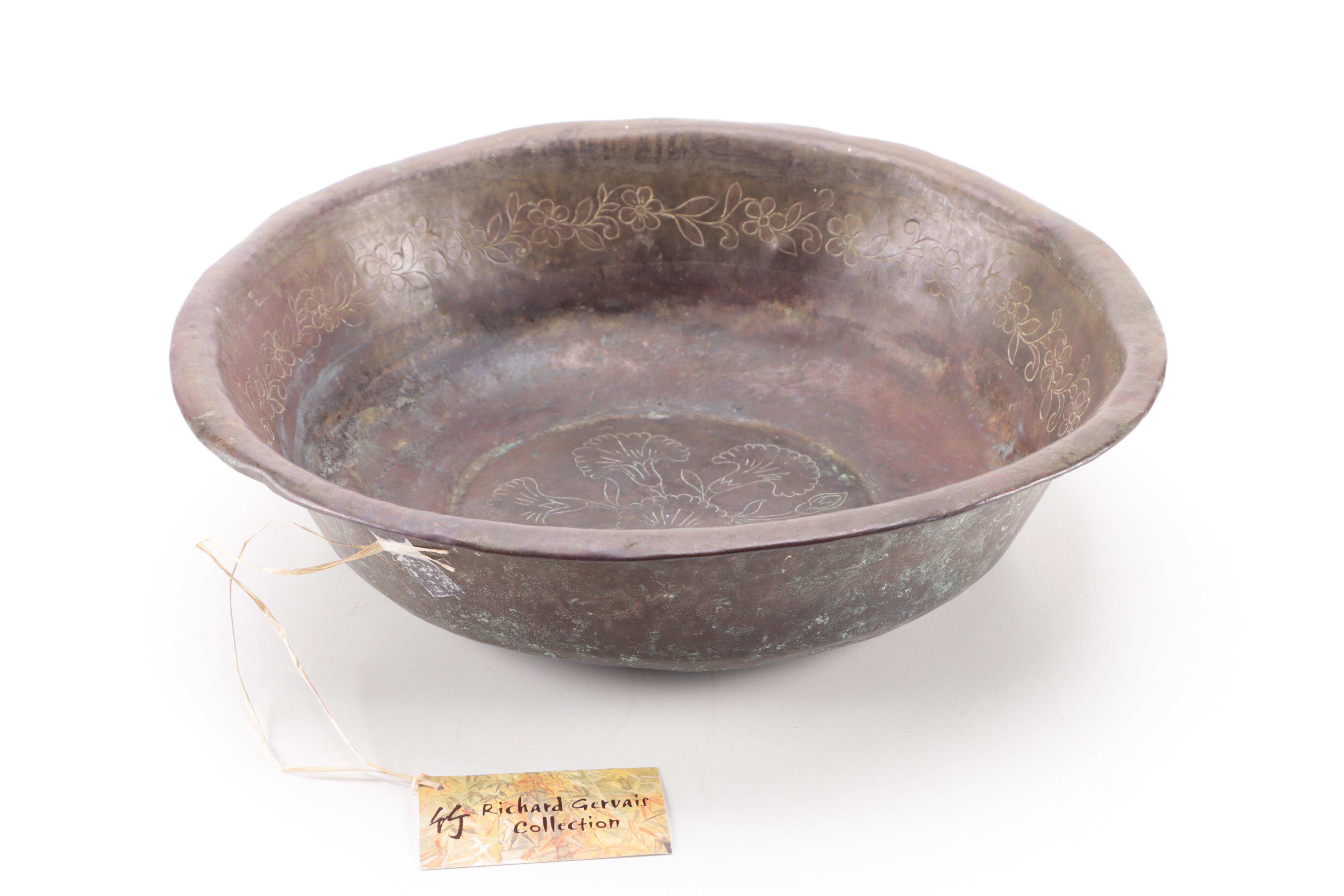 Indonesian Copper Basin with Incised Floral Decoration, Early 20th Century