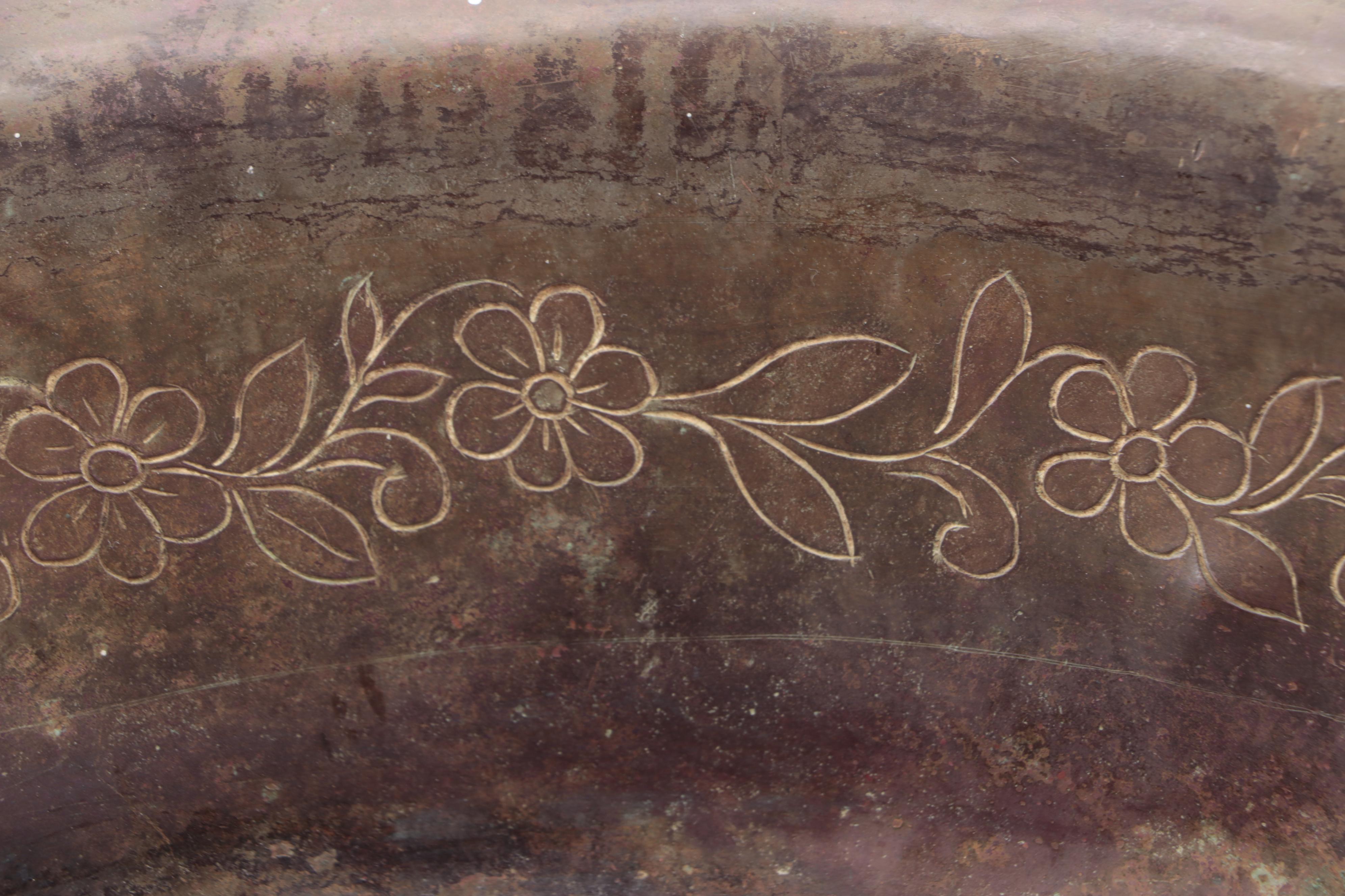 Indonesian Copper Basin with Incised Floral Decoration, Early 20th Century