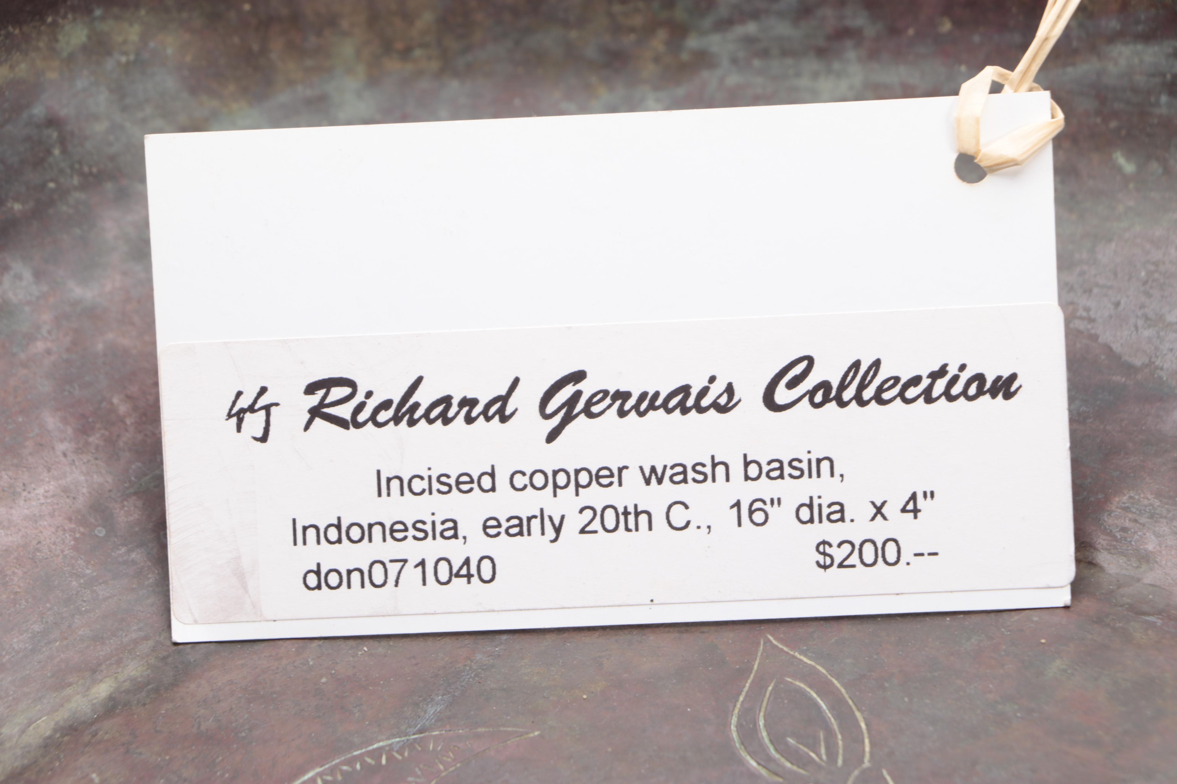 Indonesian Copper Basin with Incised Floral Decoration, Early 20th Century