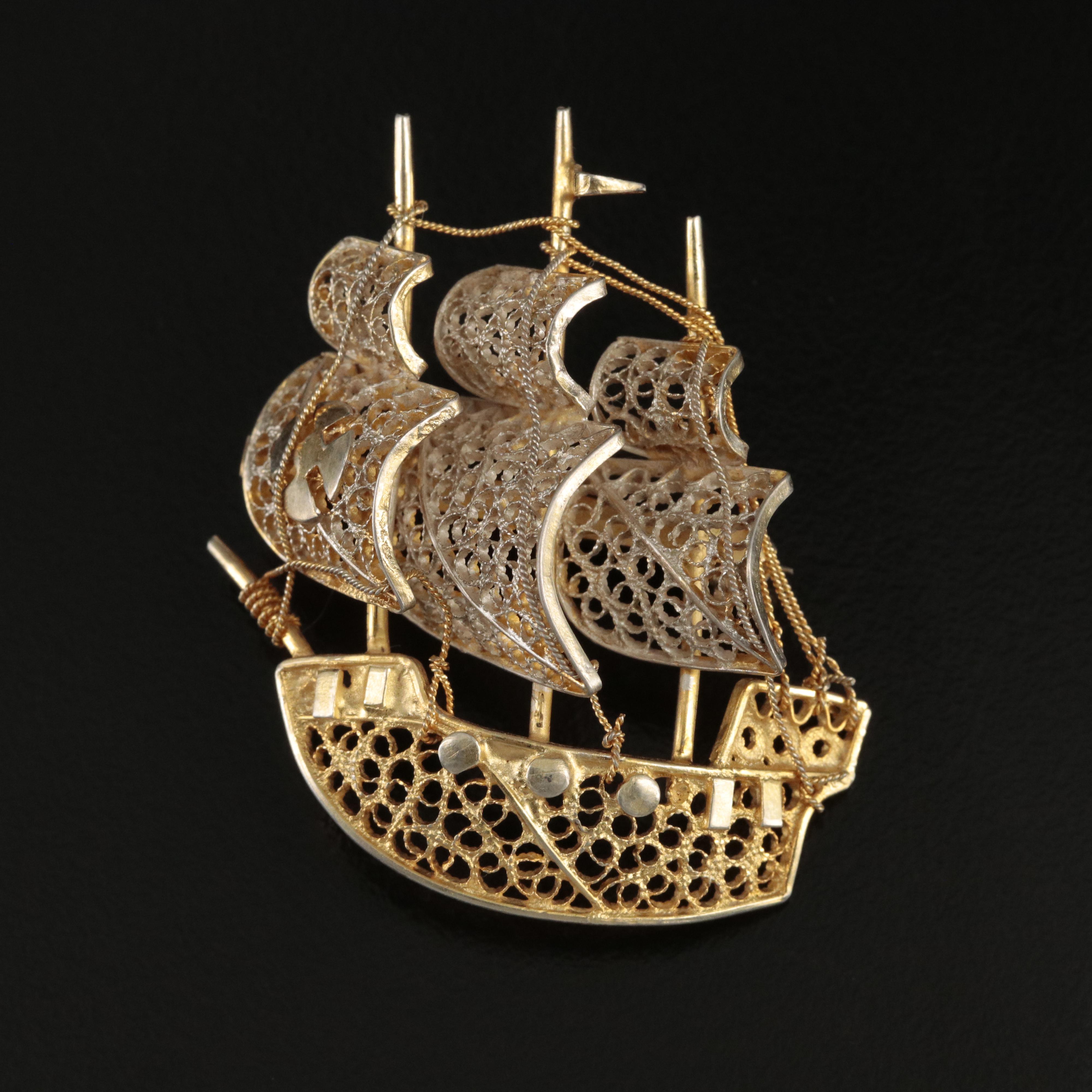 Vintage Portuguese 800 Silver Filigree Caravel Ship Brooch