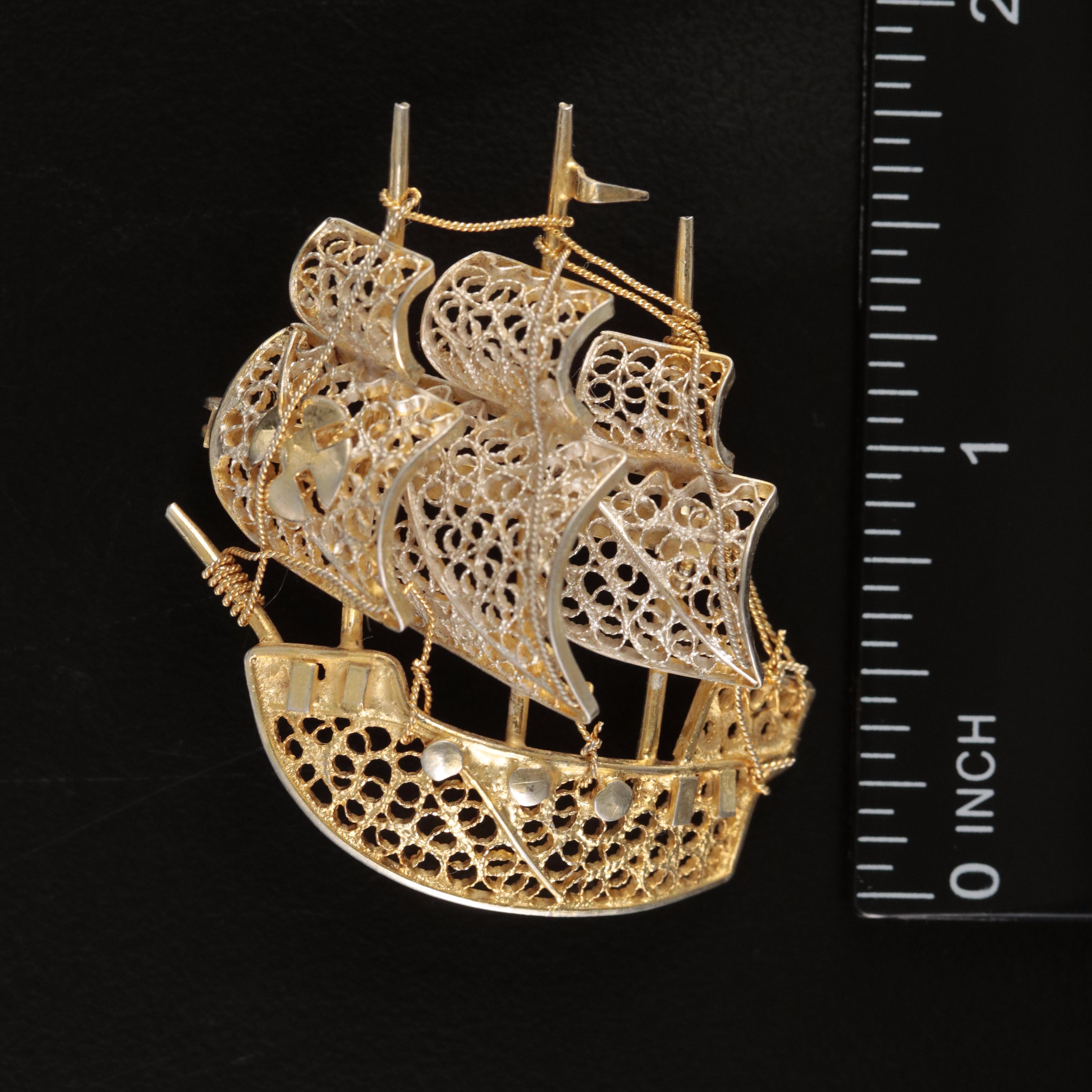 Vintage Portuguese 800 Silver Filigree Caravel Ship Brooch