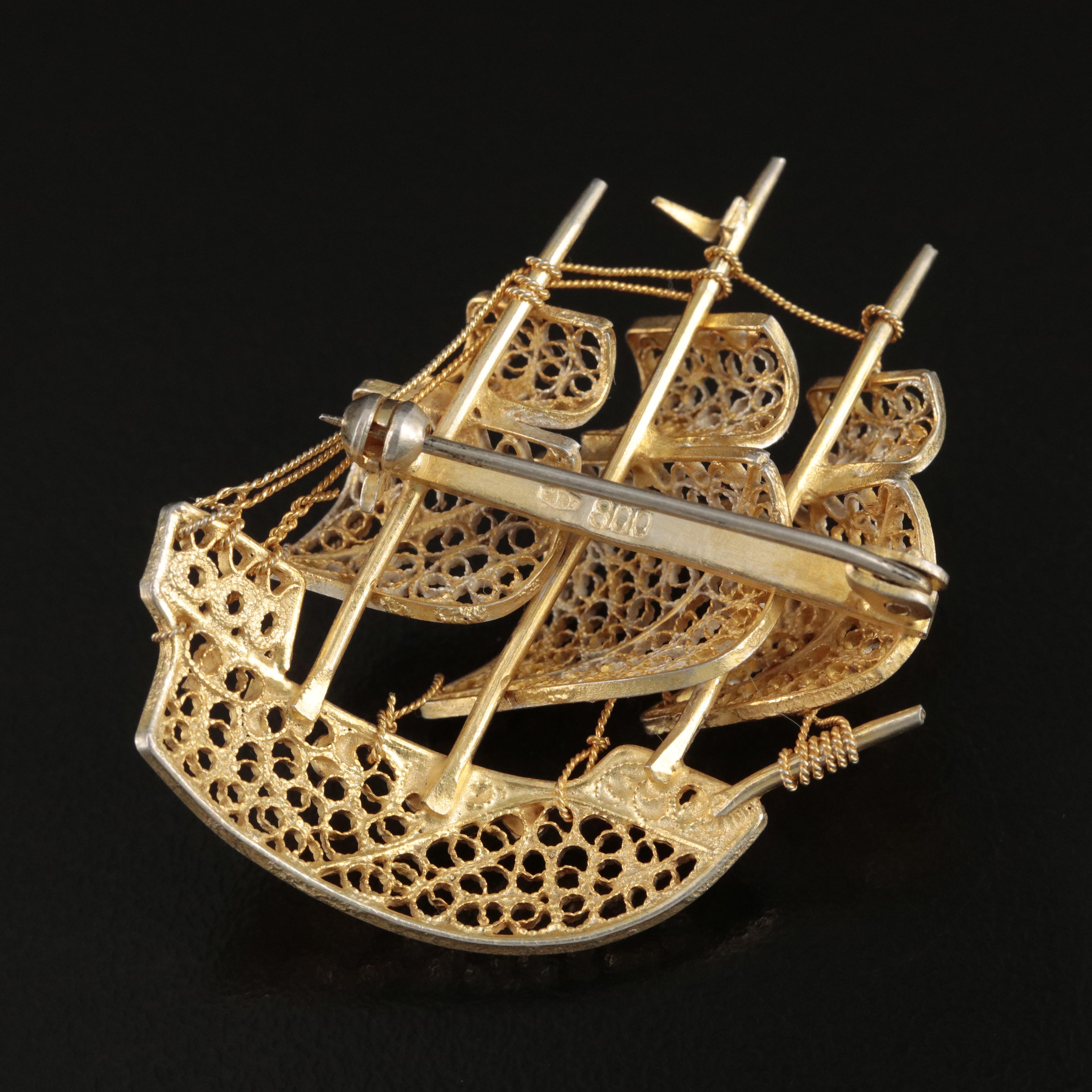 Vintage Portuguese 800 Silver Filigree Caravel Ship Brooch