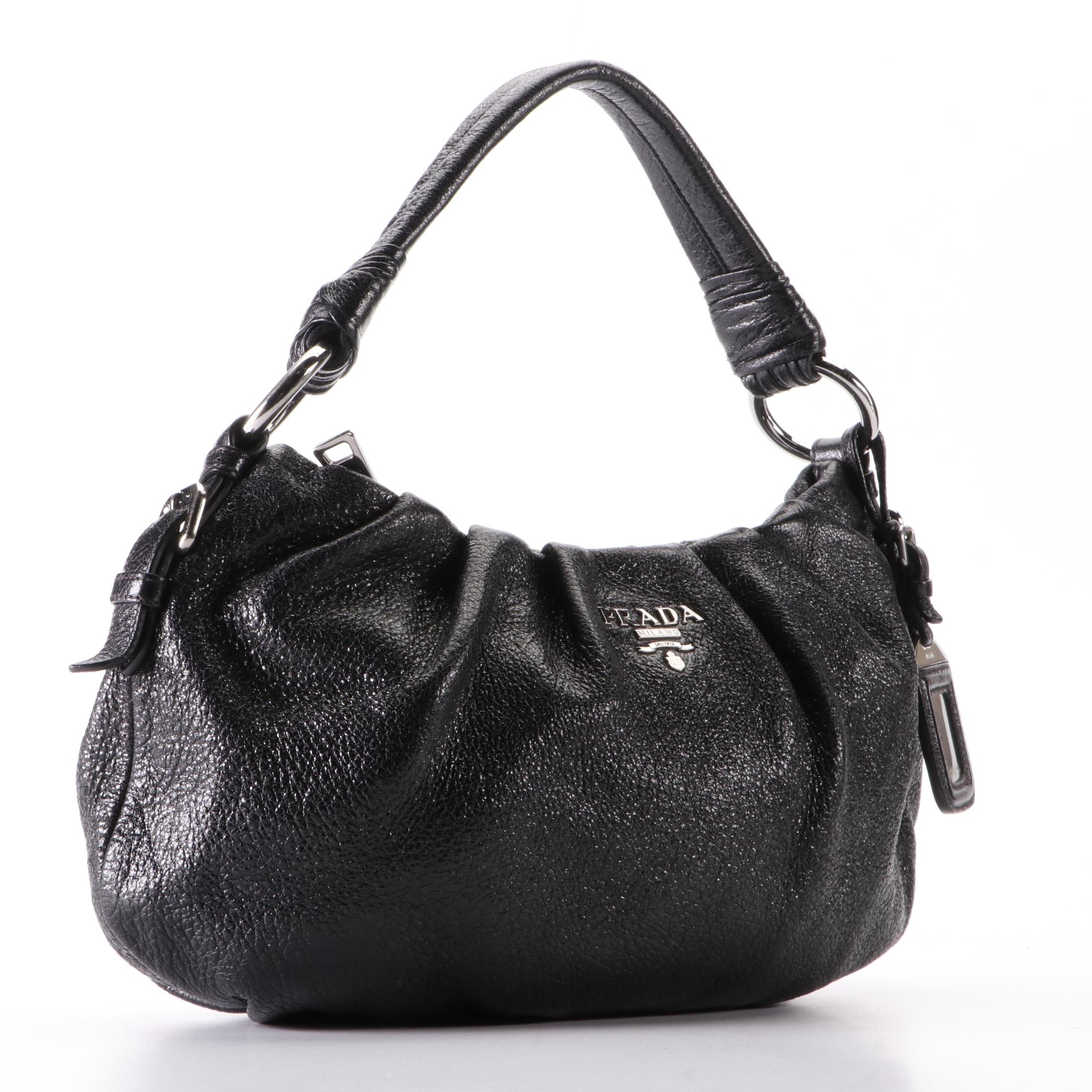 Prada Small Zip Shoulder Bag in Black Cervo Lux Deerskin Leather