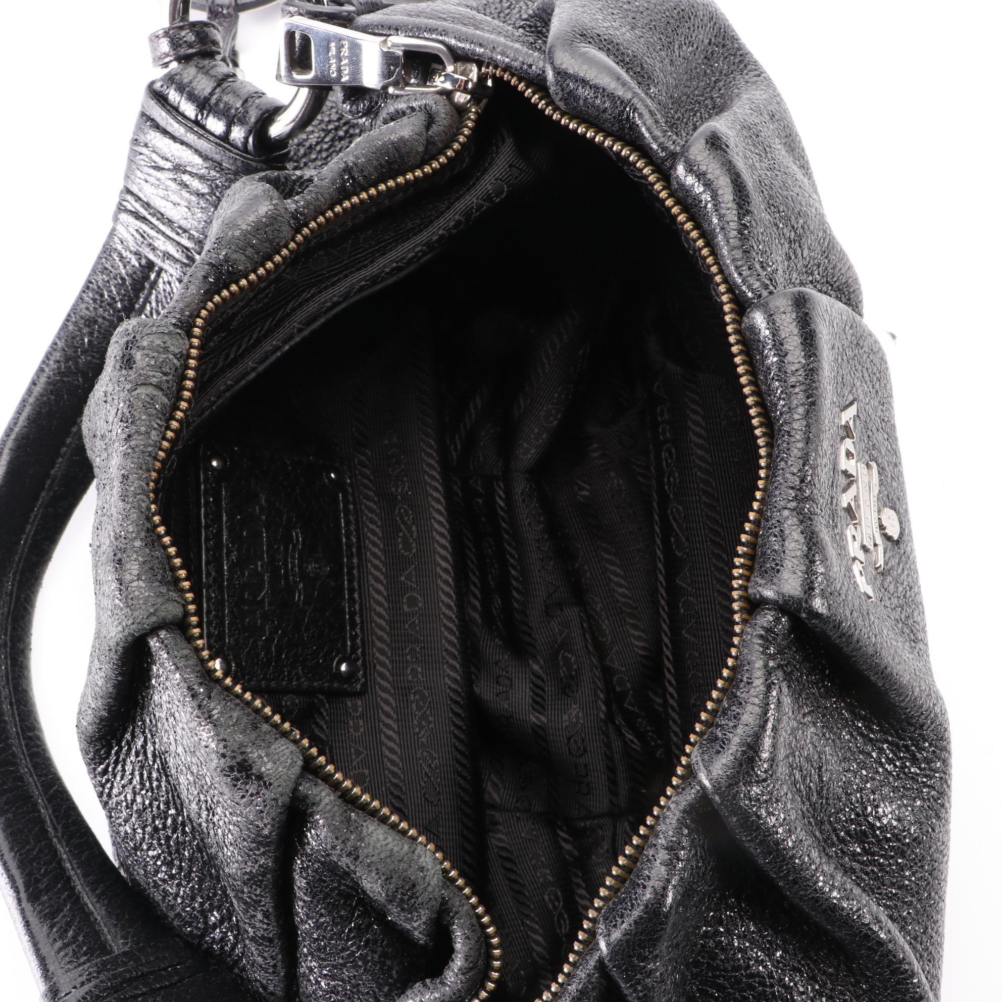 Prada Small Zip Shoulder Bag in Black Cervo Lux Deerskin Leather