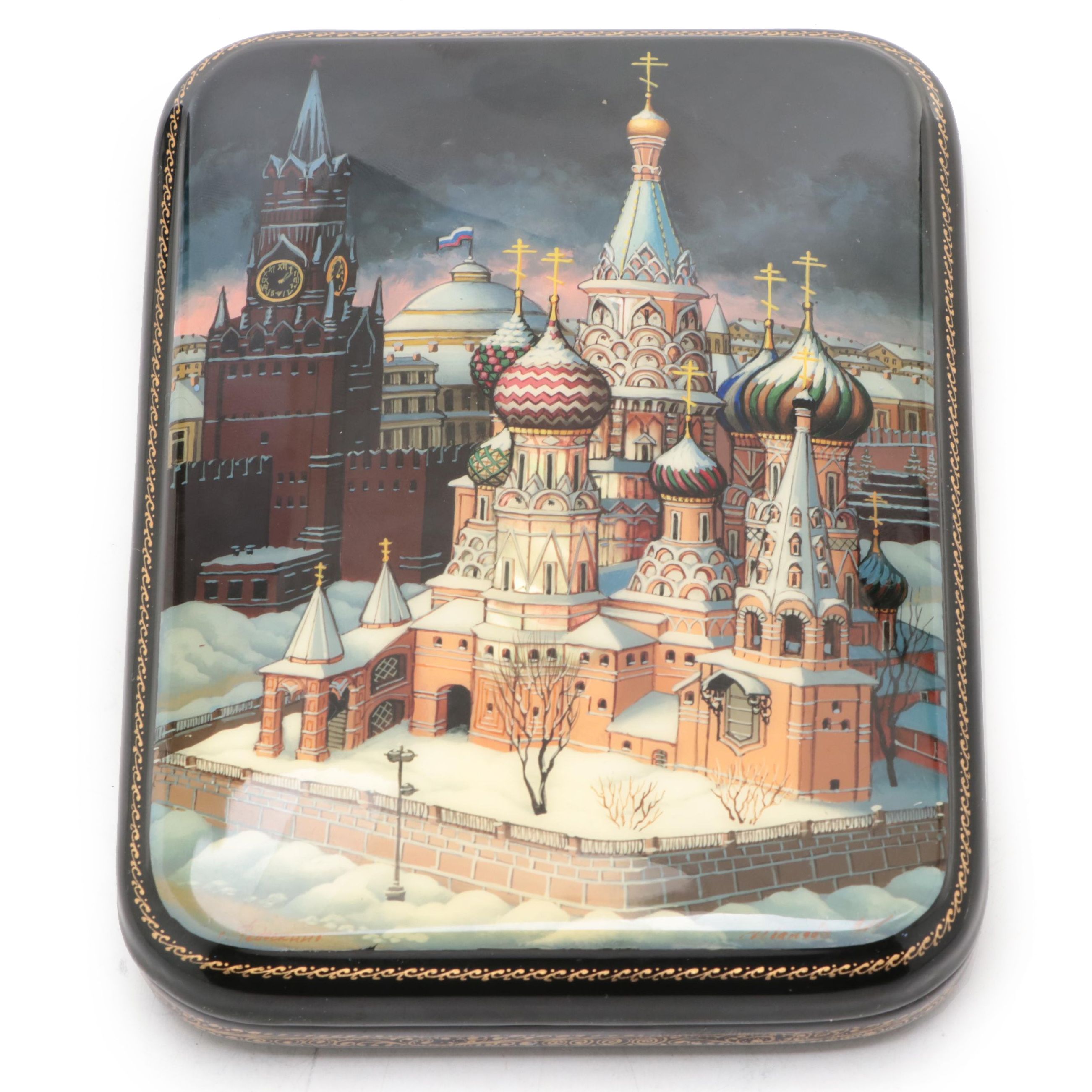 Russian "St. Basil's Cathedral" Mother-of-Pearl Inlaid Lacquer Box